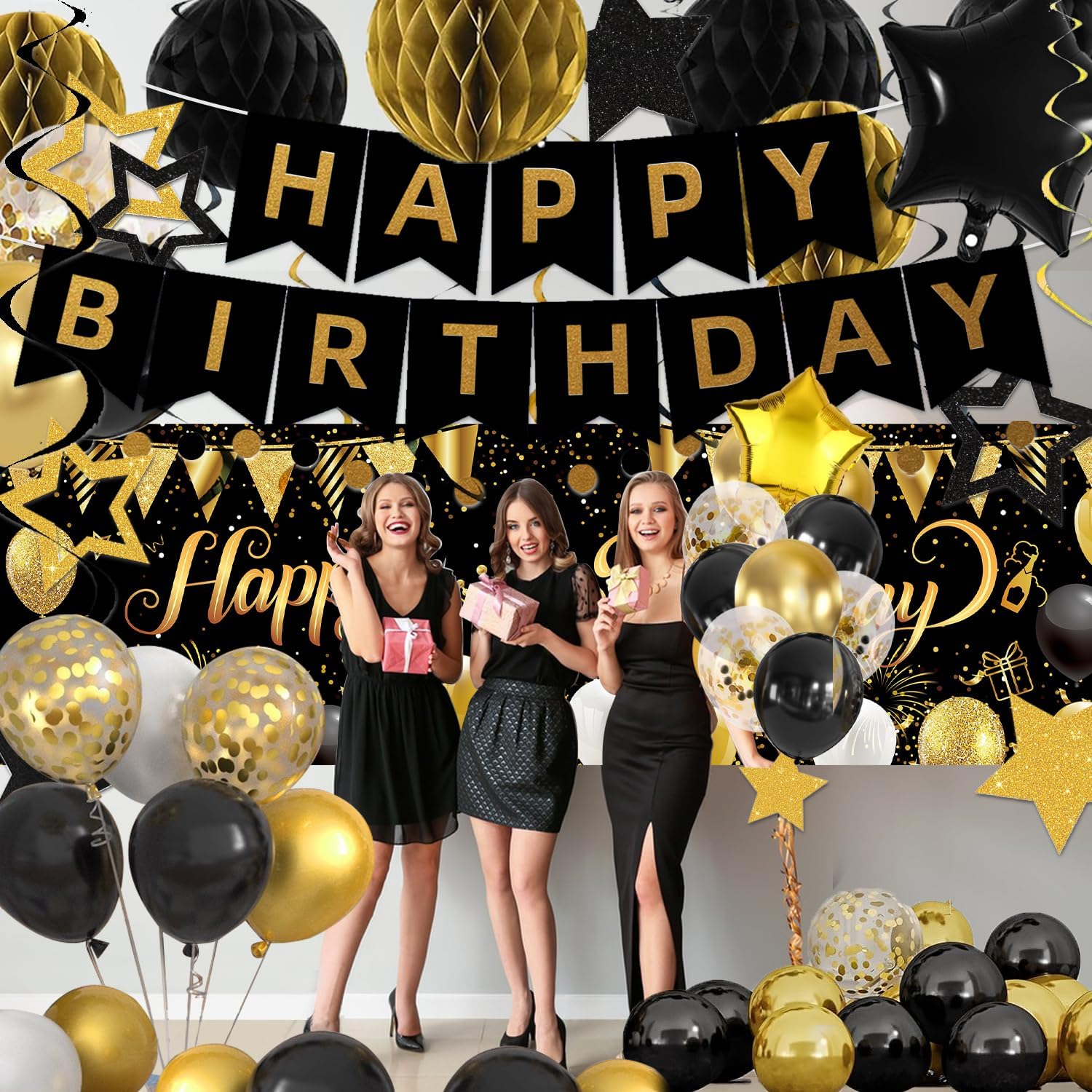 Gold Black Birthday Decorations, Happy Birthday Banner, Backdrop, Balloons, Honeycomb Balls, Star Foil Balloons, Stars Hanging Swirls & Cake Topper for Baby Boys Girl Men Women Birthday Decoration - Image 5