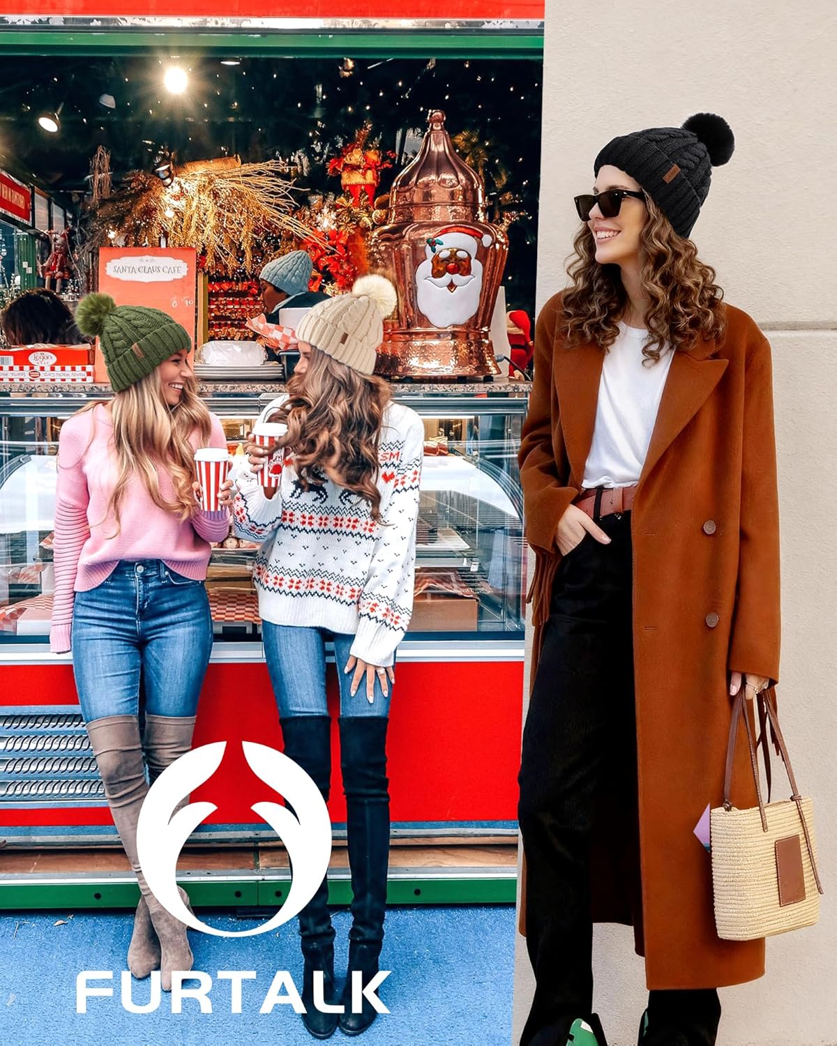 FURTALK Satin Lined Winter Hats for Women Men Knit Beanie Hat Warm Pom Pom Cap - Image 3