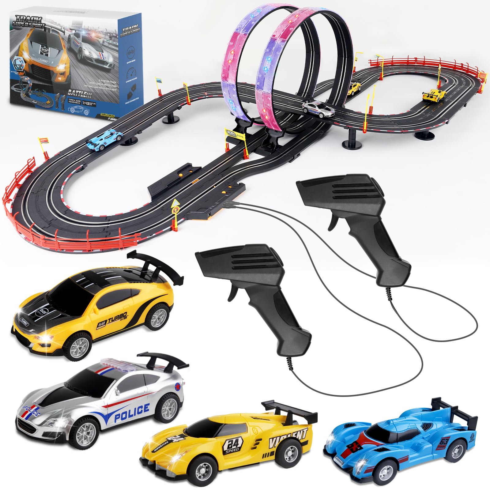 Juego de pistas de carreras de autos de tragamonedas, pista eléctrica de 19 pies con luces LED y 4 autos de tragamonedas, 2 controladores de mano y contadores de regazo de juego de carreras,