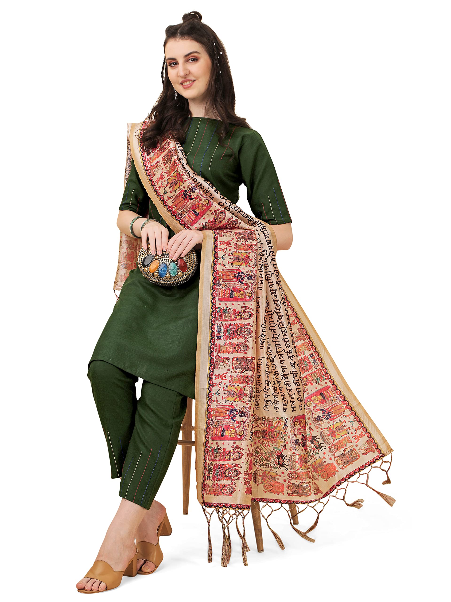 EthnicJunctionWomen's Solid & Striped Thread Work Cotton Kurta Pant with Digital Print Dupatta Set