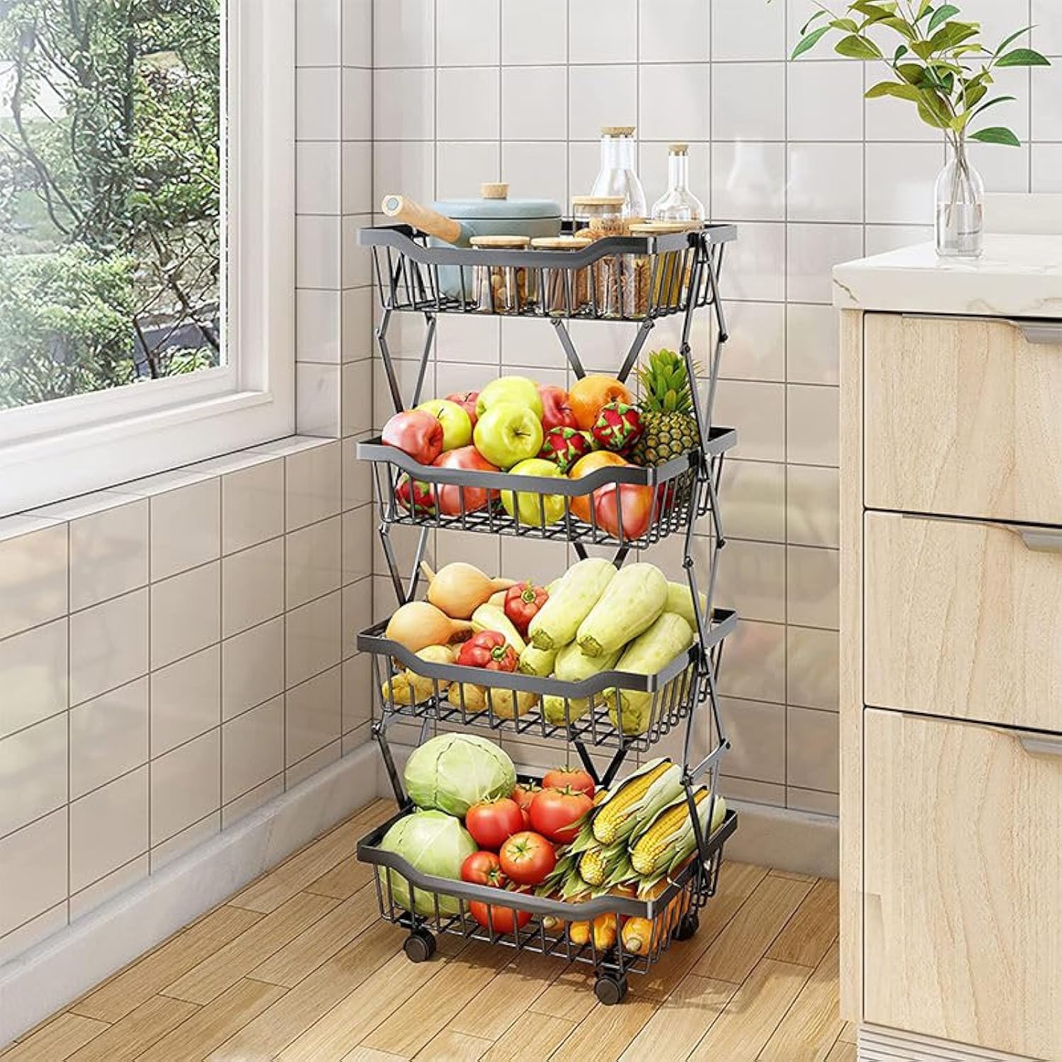 Multi-layer Fruit Vegetable Storage Basket Organizer，Rolling Utility Cart Produce Basket Storage Shelf Cart, Stackable Metal Wire Basket Cart with Wheels for Pantry,Bathroom (4 Tiers, black)