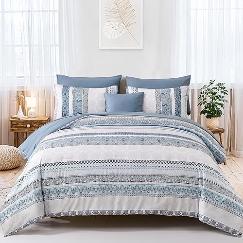 Juego de edredón bohemio tamaño Queen, color azul claro, 8 piezas, ropa de cama en una bolsa, juego de ropa de cama de cachemira de verano Juego de edredón bohemio tamaño Queen, color azul claro, 8 piezas, ropa de cama en una bolsa, juego de ropa de cama de cachemira de verano