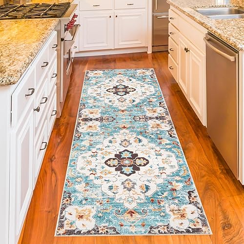 Alfombra de pasillo de 2 x 6 pies, azul y blanco, diseño bohemio y elegante de hojas de arce envejecidas, no desprende pelusa y es suave, lavable,