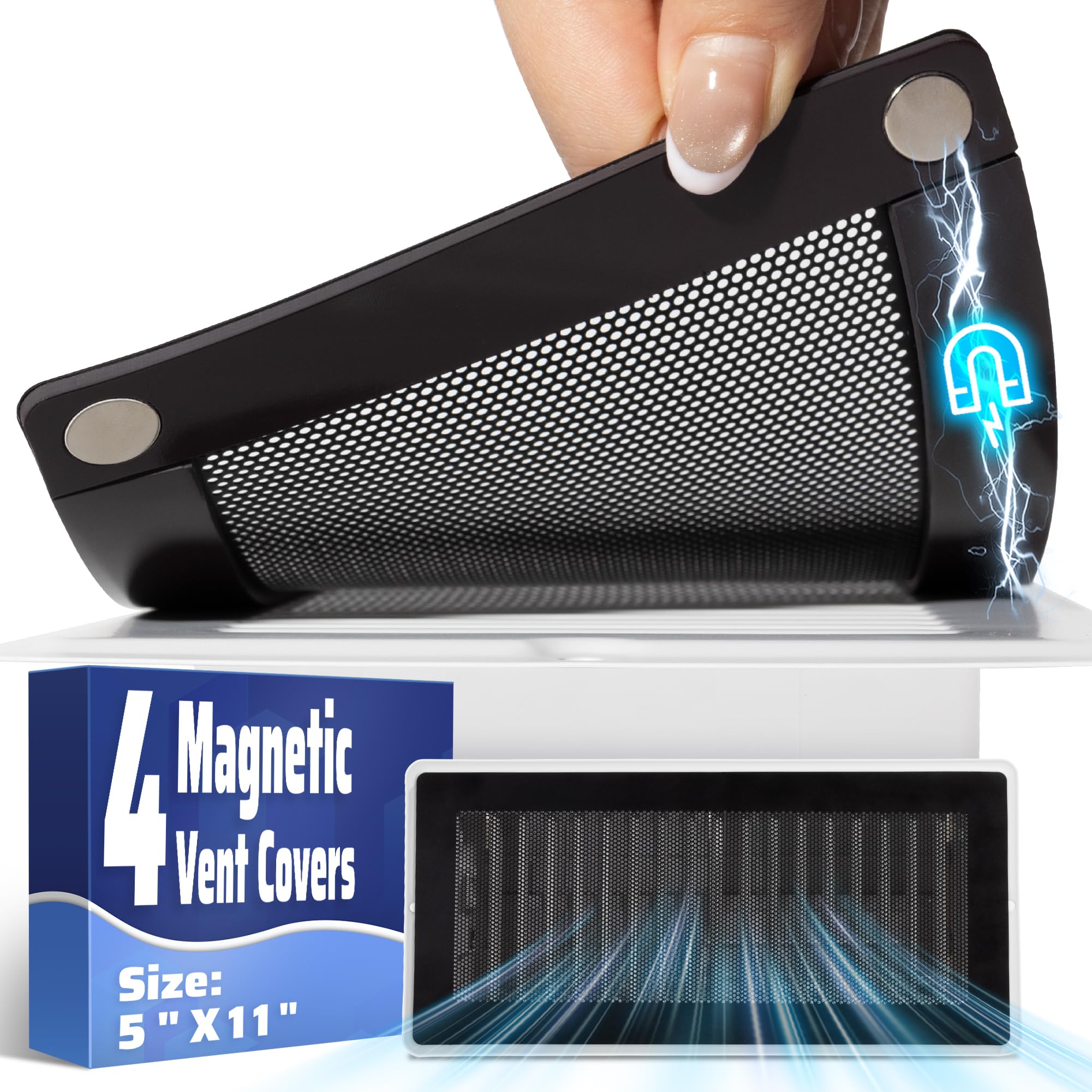 Magnetic Vent Mesh- 4 Pack, 5 x 11 inch Strong Magnetic Vent Covers for Home Floor, Ceiling and Wall Registers, Ventilate While Prevent Objects from Entering, Durable and Solid - Black