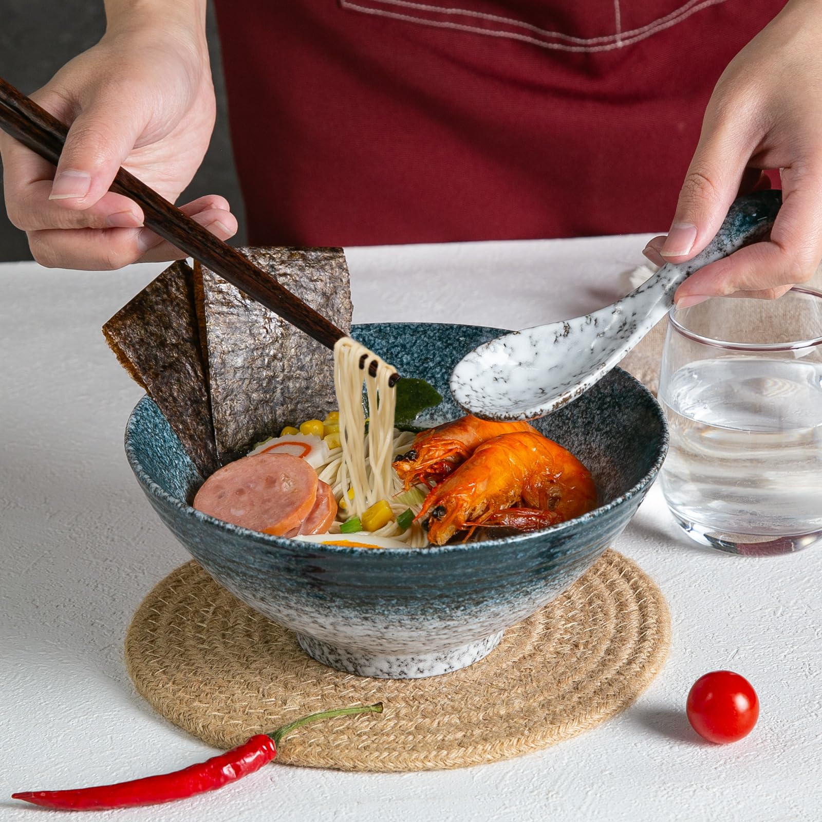 Juego de tazón de ramen de cerámica de 2 piezas Vajilla de porcelana de estilo japonés con palillos y cuchara (piedra)