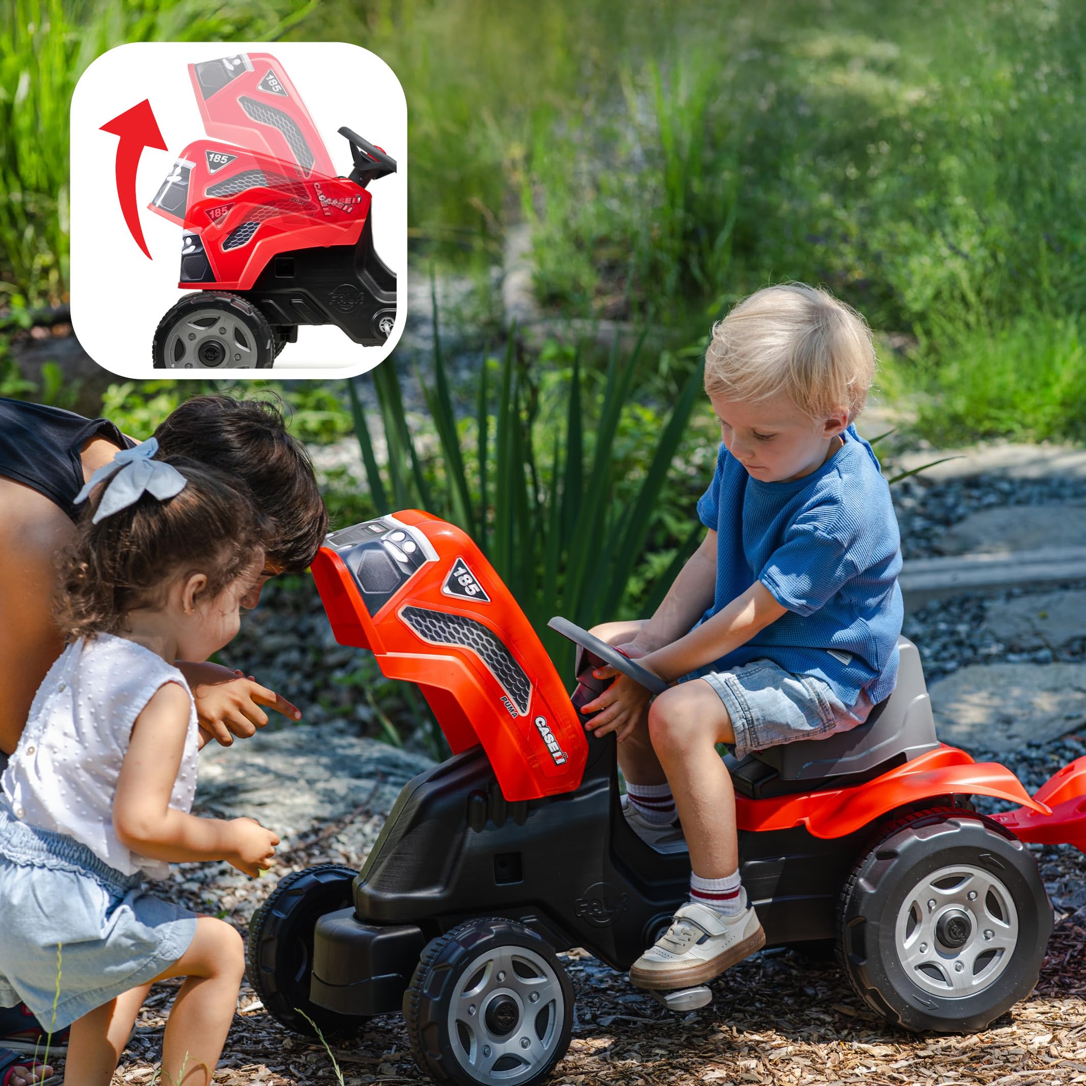 Falk Case IH Traktor mit Pedalen, für Kinder, mit Anhänger, ab 2 Jahren | Haube zum Öffnen und verstellbarer Sitz