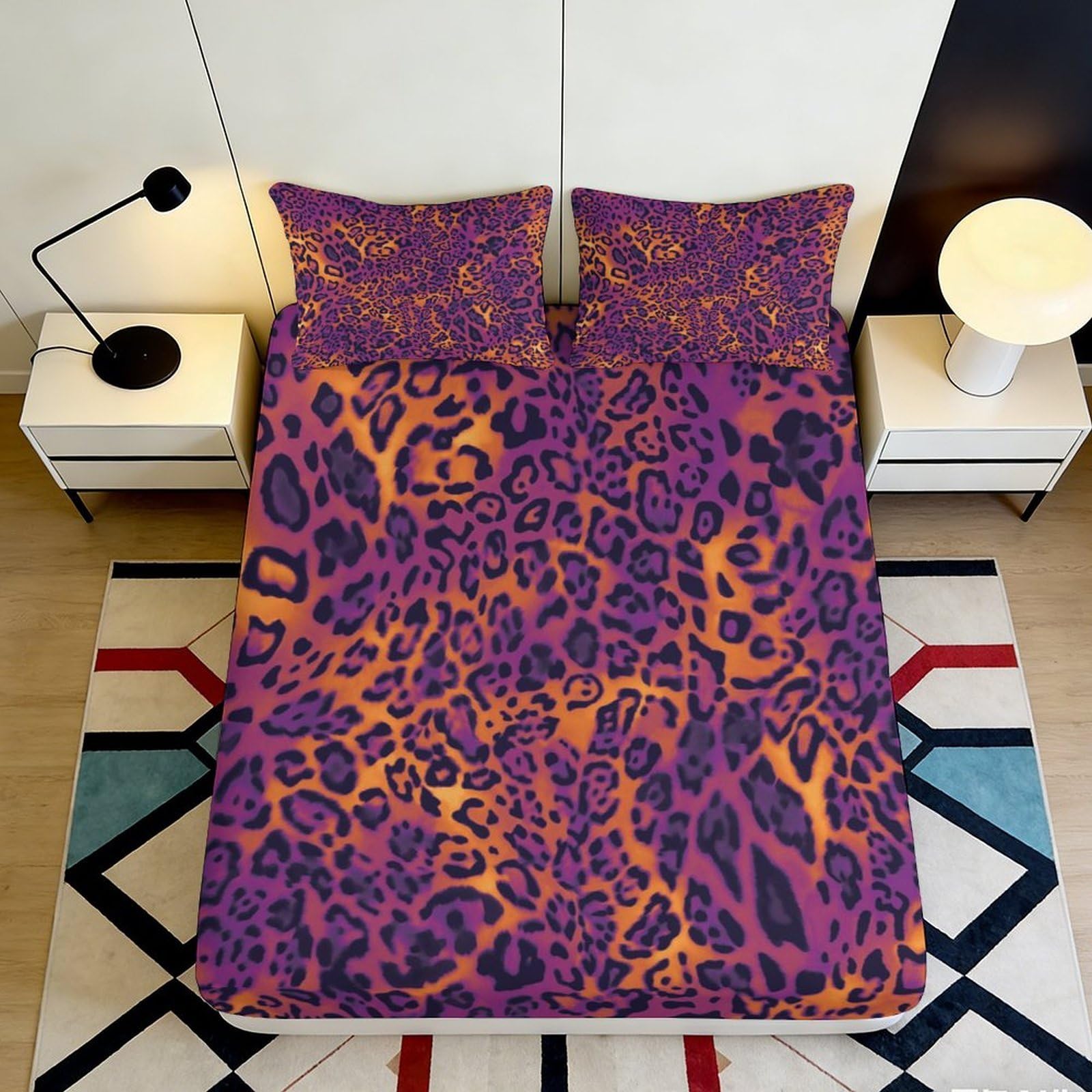 3D Printed Leopard Fitted Sheet Microfiber Deep Pocket Full Wrap Leopard Mattress Fitted Cover Non-Slip for Bedroom Bedding 160x200x25cm