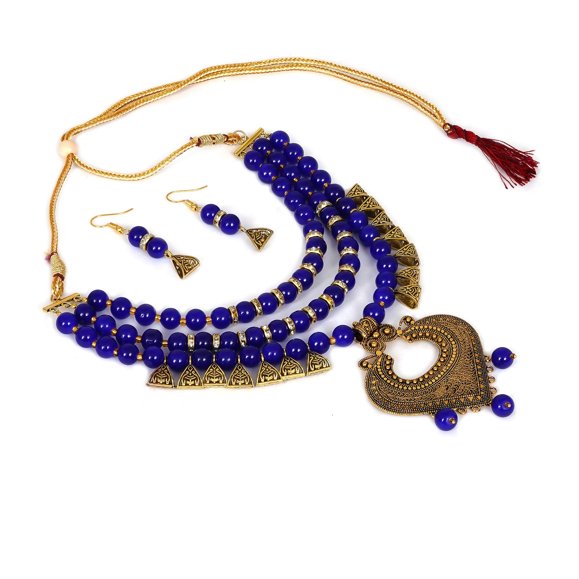 AHOORA Ethnic 3 Multilayared Pan Pendant Dark Blue Glass Beads Necklace with Earrings Set for Women (B08RC24J7H) Amazon Price History, Amazon Price Tracker