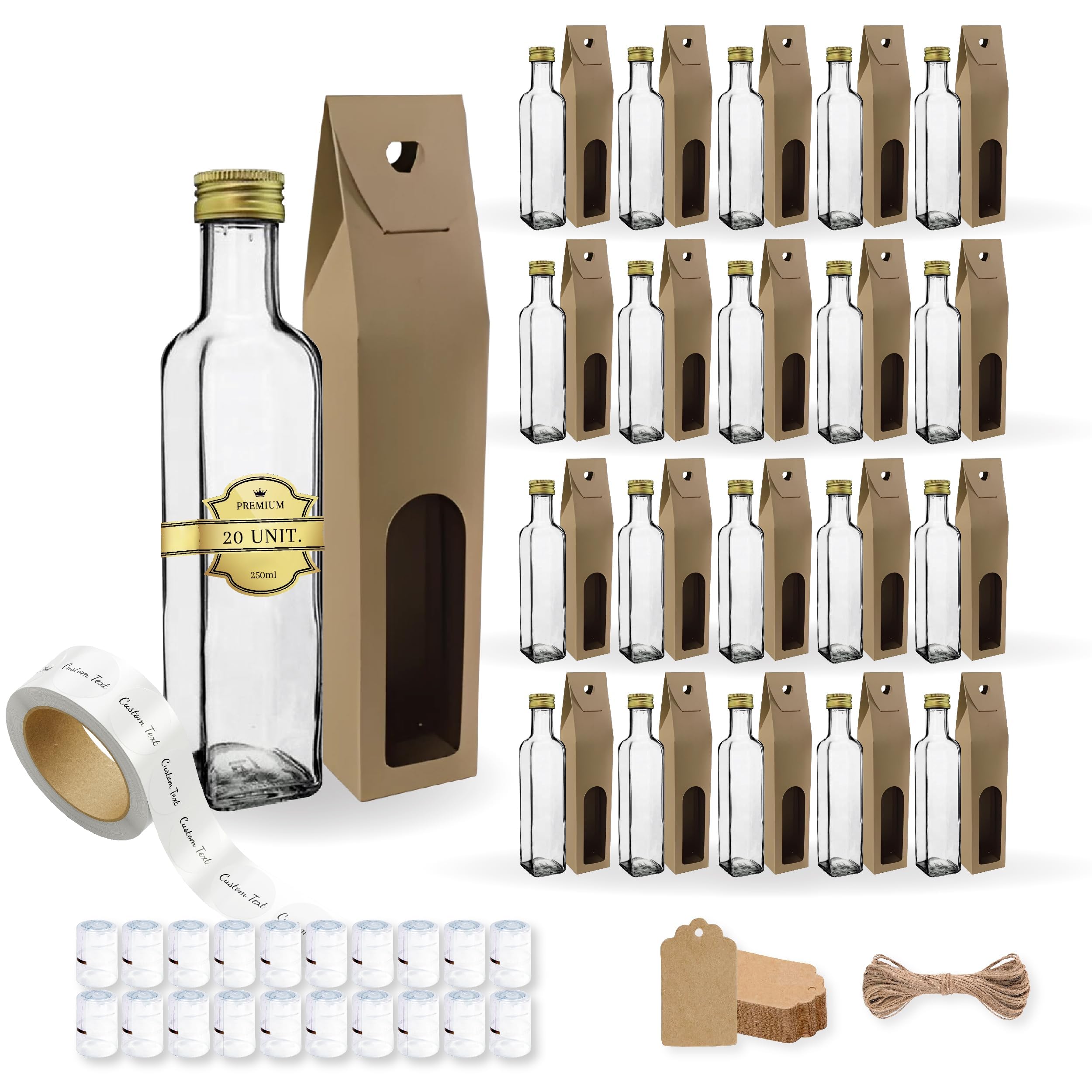 Espirito Rebelde - 20 botellas de cristal de 250 ml con tapón de rosca dorado + 20 cajas + 20 sellos + 20 etiquetas personalizadas + 20 etiquetas Kraft + cuerda - aceite de oliva, vinagre - aceitera