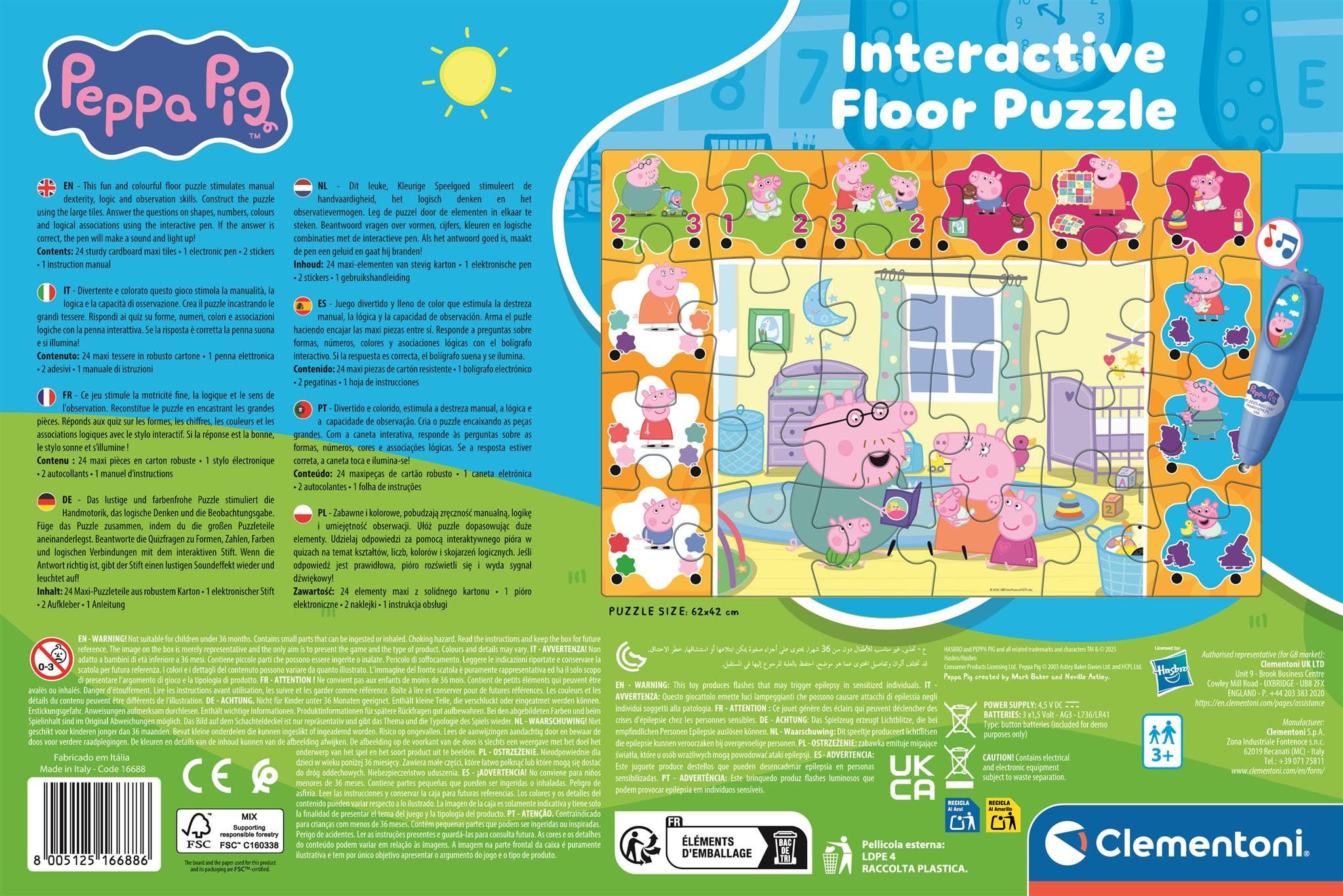Clementoni - Puzzle Interactivo de Peppa Pig para Suelo- 24 Piezas, Pen Interativa, Desarrollo Autonomía y Concentración, 3+ Años, 62x42 cm, 16688