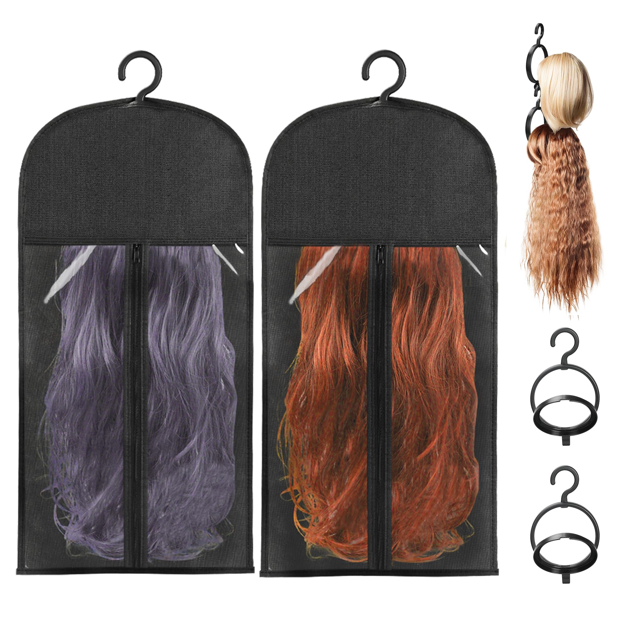 Photo 1 of KOLLIEE 2 Pcs Wig Bags Storage with Wig Hanger Dust-proof for Multiple Wigs Hanging Storage Bags Organizer Foldable Easy Carry Suitable for Home Travel Hair Salon Black