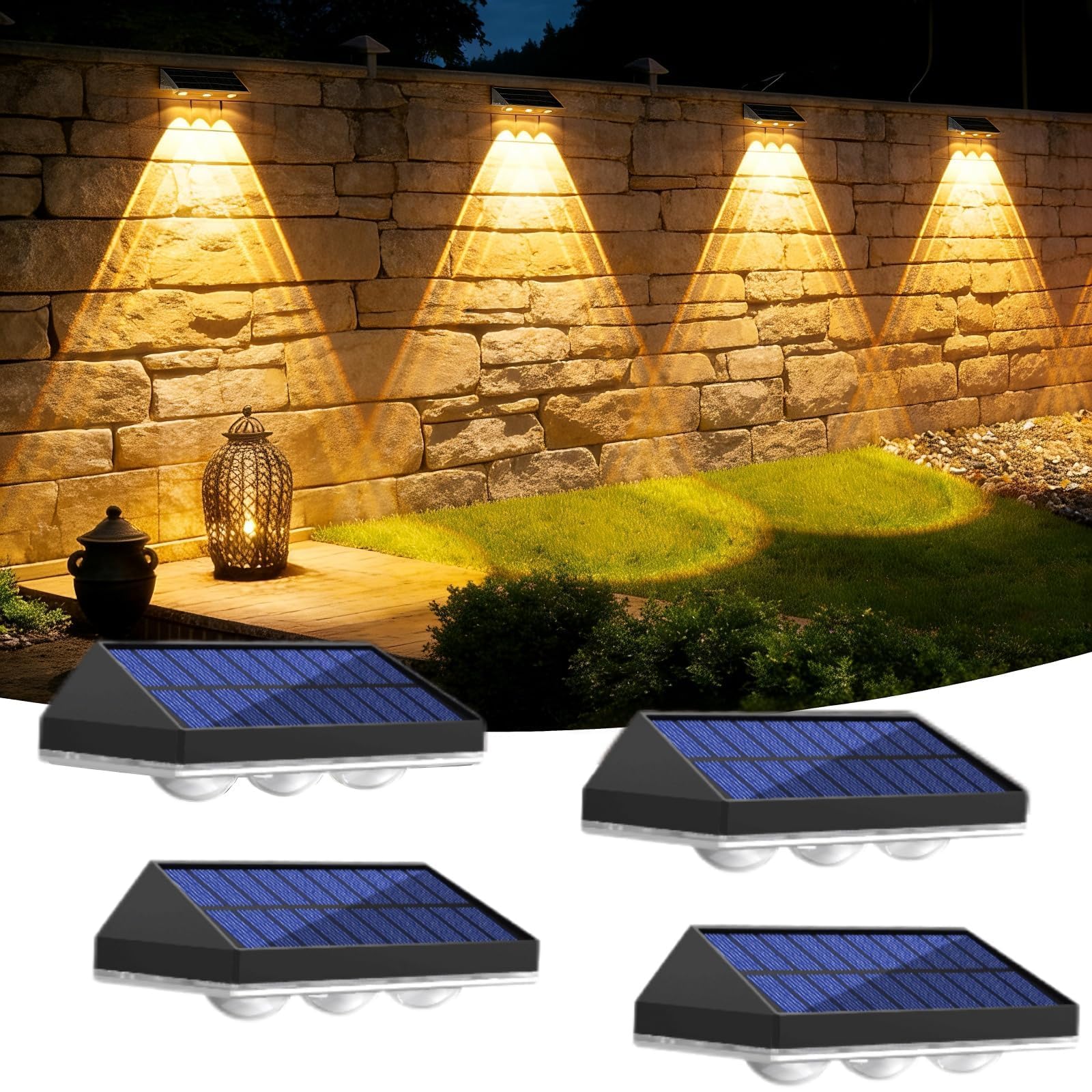 Luci Solare Muro Esterno Giardino, Lampada da Parete Solare, 3 Modalità di Temperatura del Colore, IP65 Impermeabile, Applique da Esterno Solari per Esterni Parete, Balcone, Recinzione, 4 Pezzi