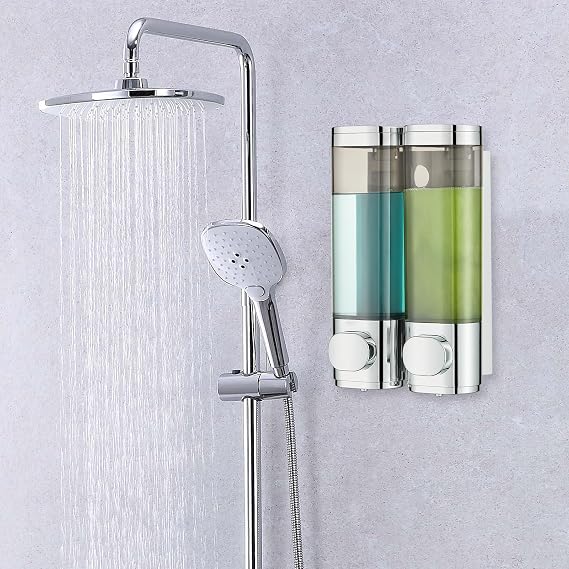 modunful Shower Dispenser 2 Chamber No Drill Shampoo Dispenser for Shower Wall Mounted Shampoo Conditioner Body Wash for Bathroom,Chrome 2 Chamber
