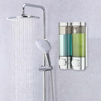 modunful Shower Dispenser 2 Chamber No Drill Shampoo Dispenser for Shower Wall Mounted Shampoo Conditioner Body Wash for Bathroom,Chrome 2 Chamber