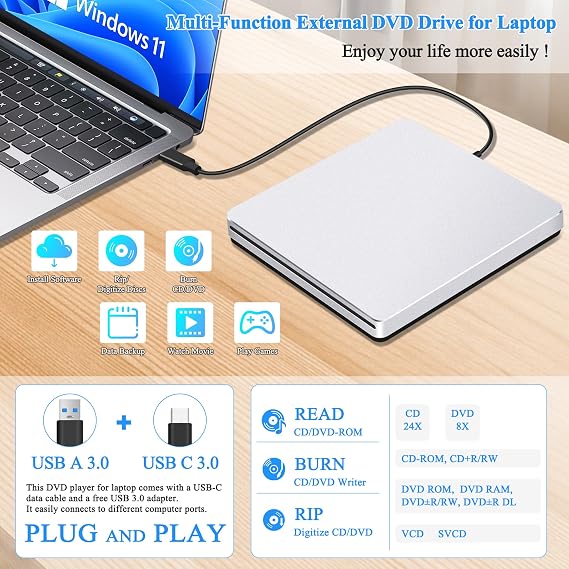 External CD Drive for Mac Laptop, Slim Slot-in SuperDrive for Apple