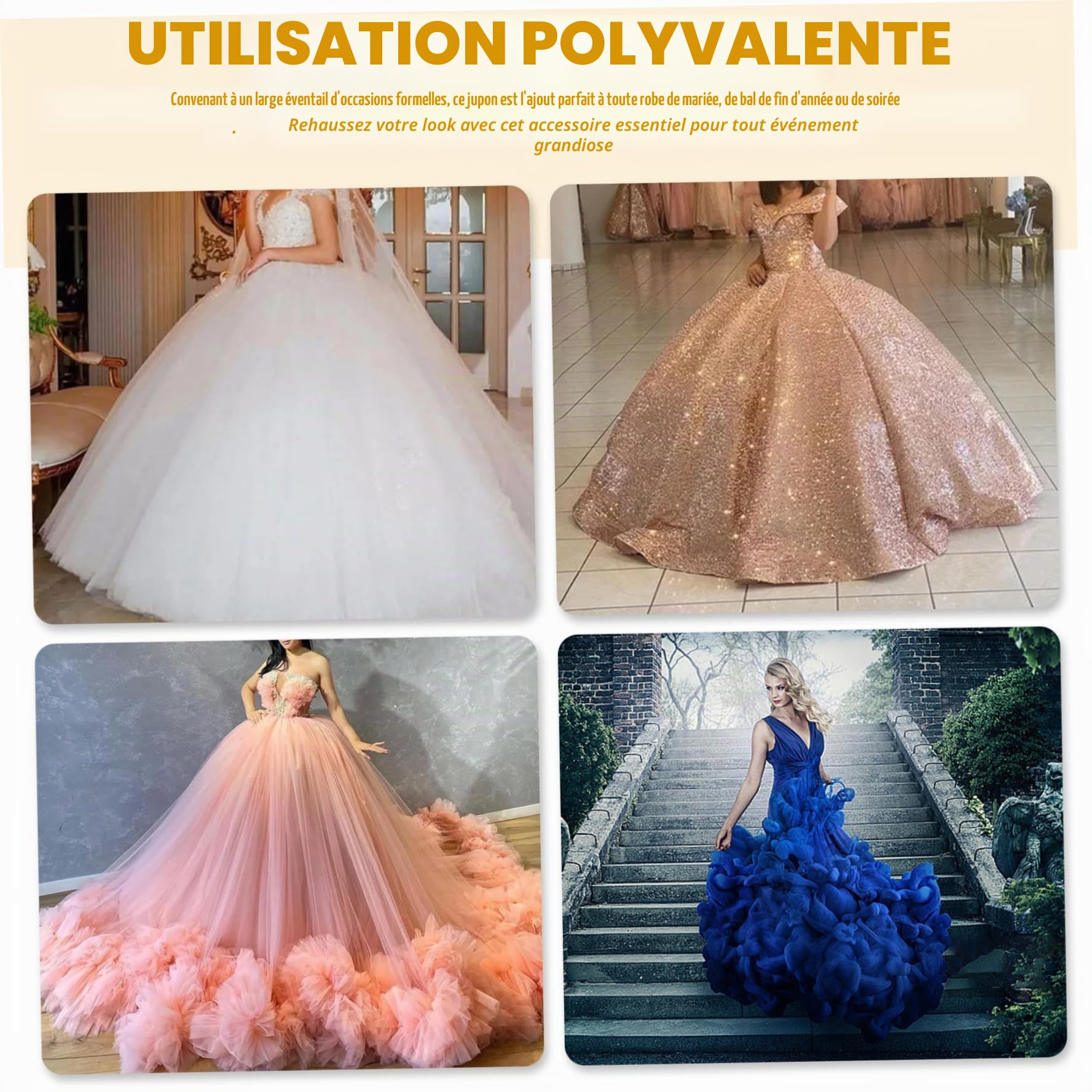 Jupon Jupe 6 Cerceaux Jupon Tulle 43 Pouces de Long Jupons pour Femmes sous Robe Jupe de mariée réglable pour Robe Bal Mariage Cérémonie Bal Promo Tulle