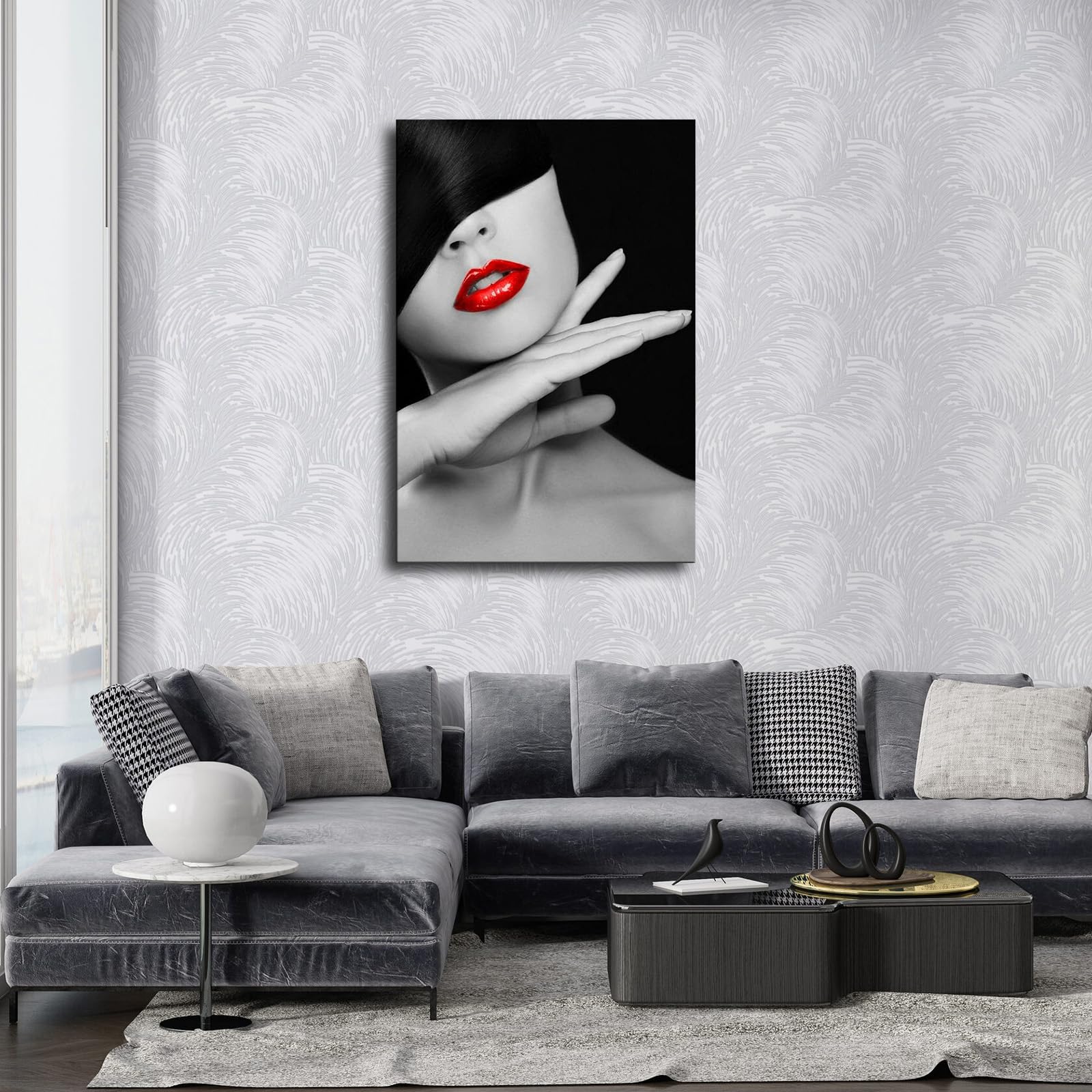 Tableau Toile Moderne : Portrait Aux Lèvres Rouges Et Bijoux Argent - Plusieurs Tailles