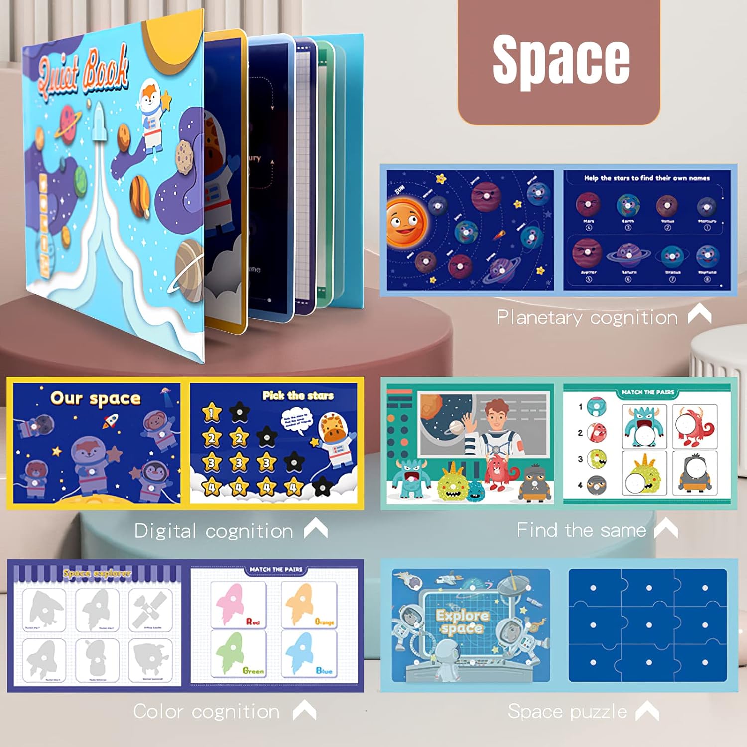 4 Pack DIY Quiet Book for Toddlers, Montessori Busy Book for Kids with Dinosaur, Sea, Travel, Space Preschool Learning Activities & Education Toys