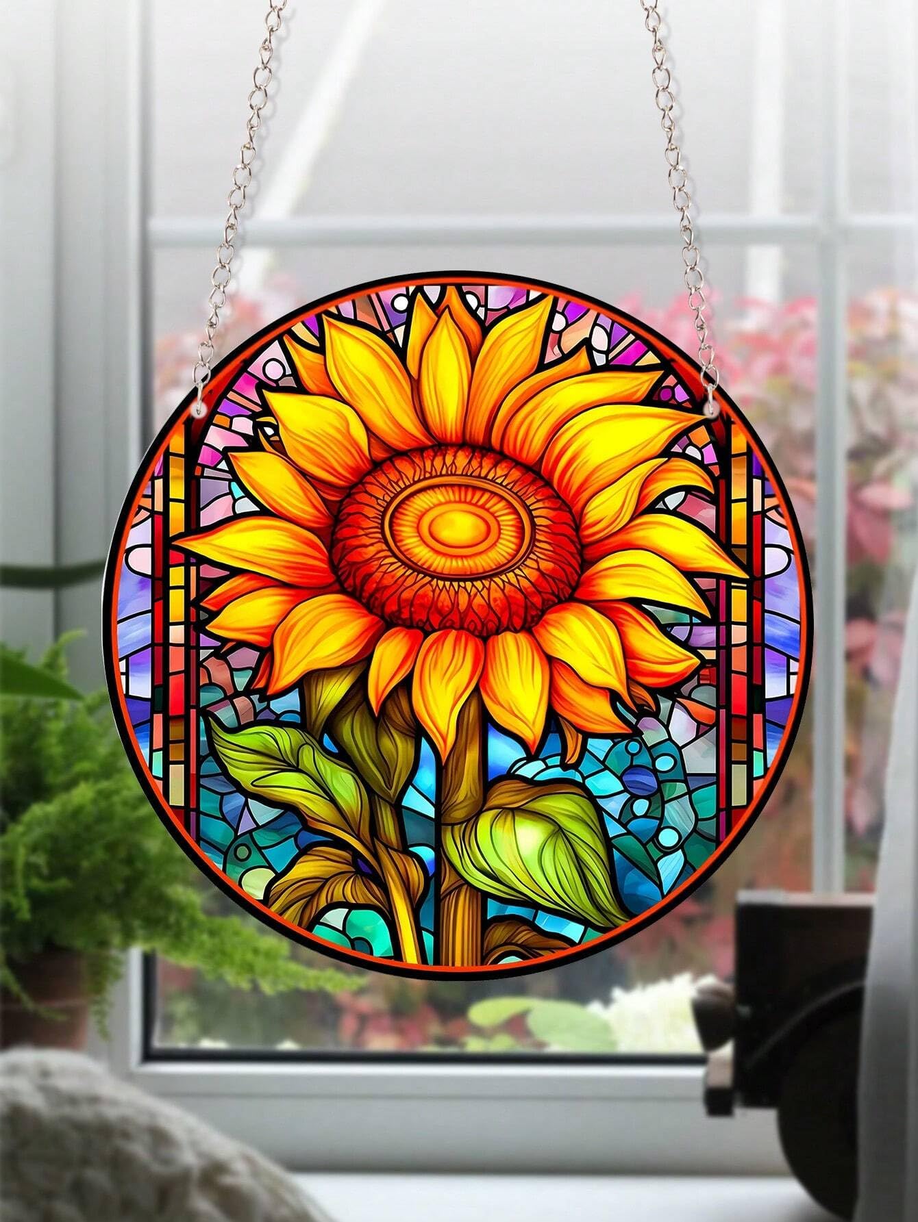 Yeyert Sunflower (Yellow And Brown) Mom Sunflower Stained Windows Hanging Suncatcher,Flower Stained Glass Suncatchers Window Ornament Stained Glass Panel Sun Catcher Wall Hanging Decor Birthday Gifts