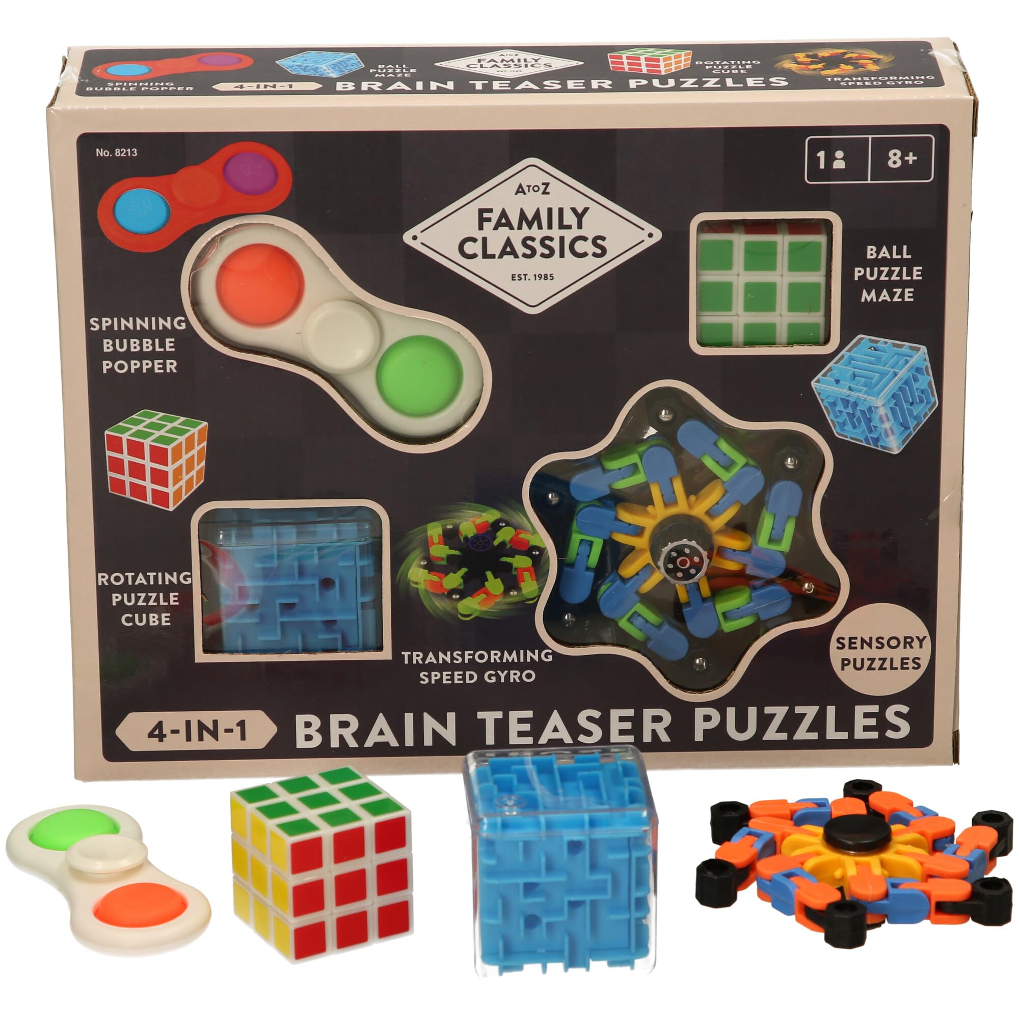 Family Classics 4-in-1 Brain Teaser Puzzles, Sensory Puzzles Set, Ages 8+, Includes Spinning Bubble Popper, Rotating Puzzle Cube, Ball Puzzle Maze, Transforming Speed Gyro