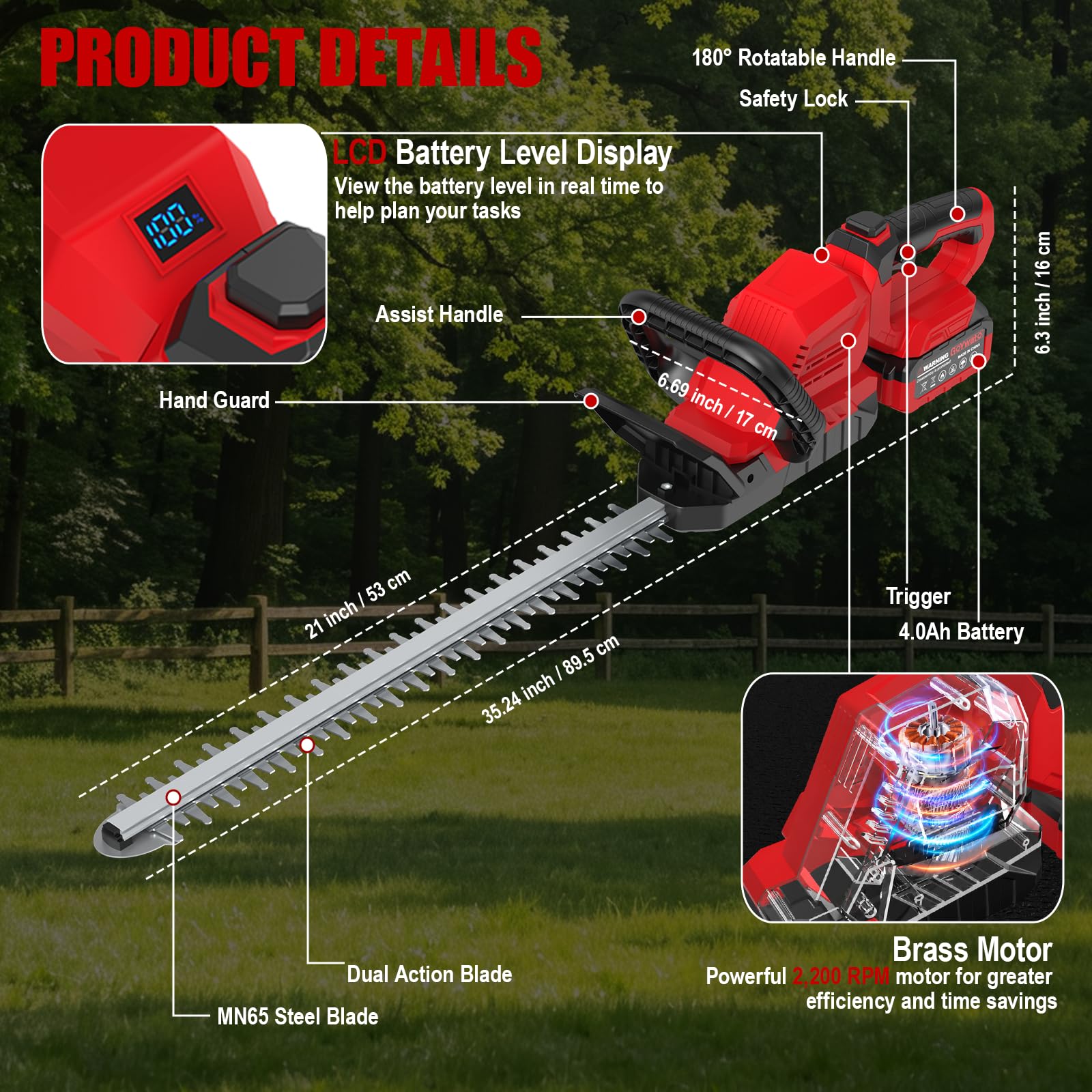53CM Taille Haie Batterie sans Fil avec 2 Batteries 4,0Ah & Poignée à 180°