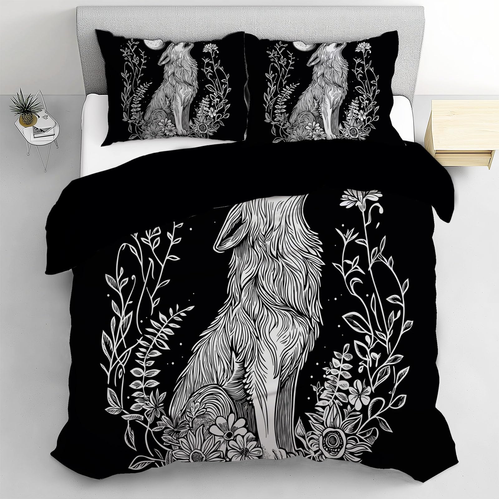 Housse de couette 220x240 loup bohème noir avec taies d'oreiller pour lit 2 personnes