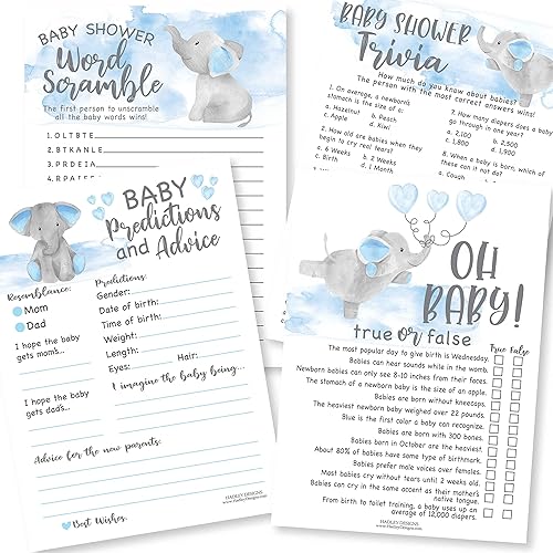 Hadley Designs Blue Elephant Baby Shower Games for Boys - 50 tarjetas, dos juegos de 25 juegos, 4 juegos de doble cara, tarjetas de predicción y