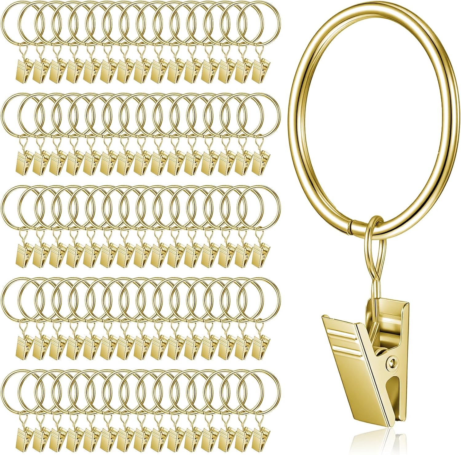 100 Pack Gold Curtain Rings with Clips, Curtain Clip Rings Heavy Duty Drapery Ring Decorative Curtains Rod Clips for Hanging Drapes Bows Hat, 1.26" Interior Diameter, Fits up to 1" Rods