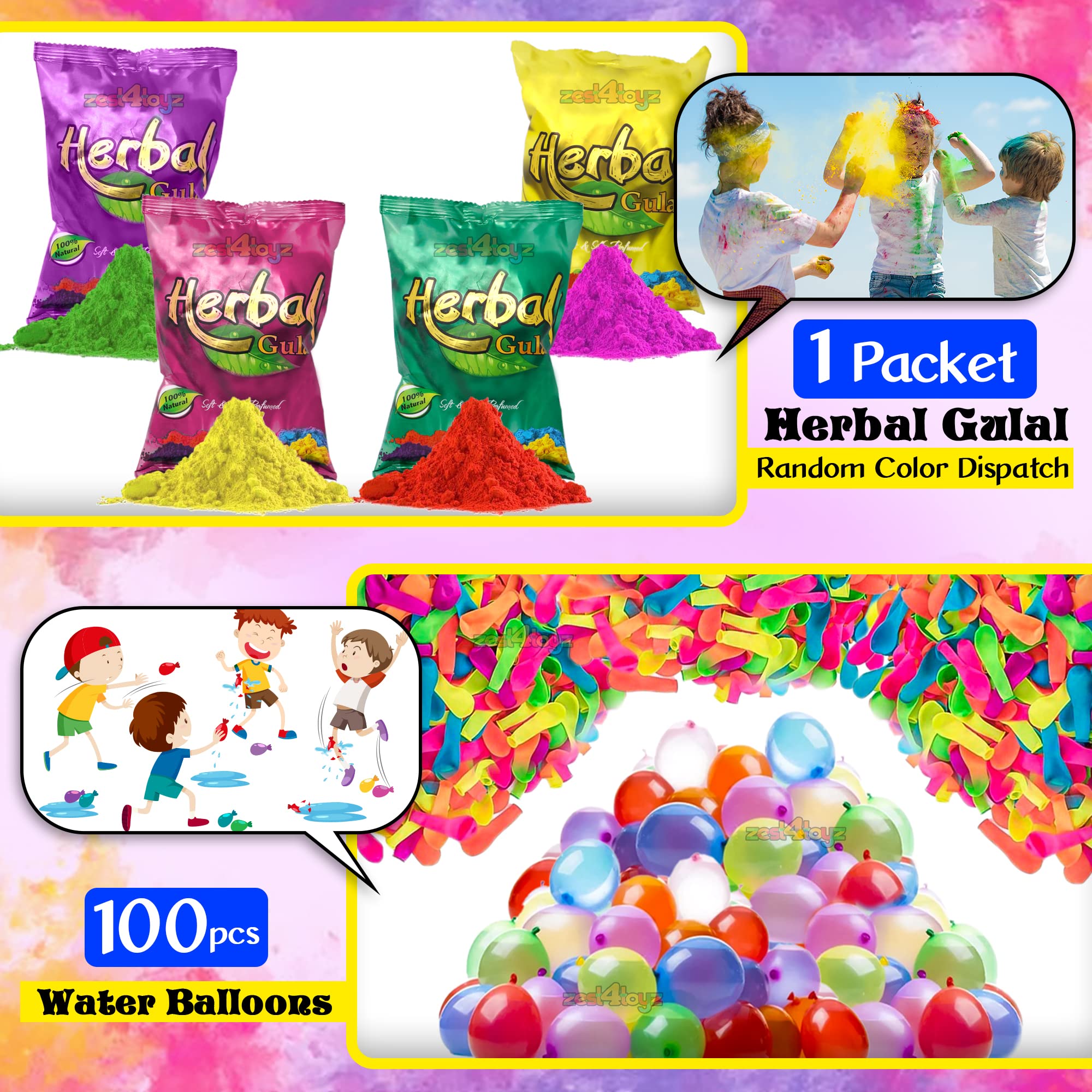 Zest 4 Toyz Holi Pichkari Water Gun for Kids Backpack Tank Spray Holi Combo with 1 Pkt Holi Color and 100 Balloons for Holi Pool Parties for Boys and Girls (Heart Tank) 1
