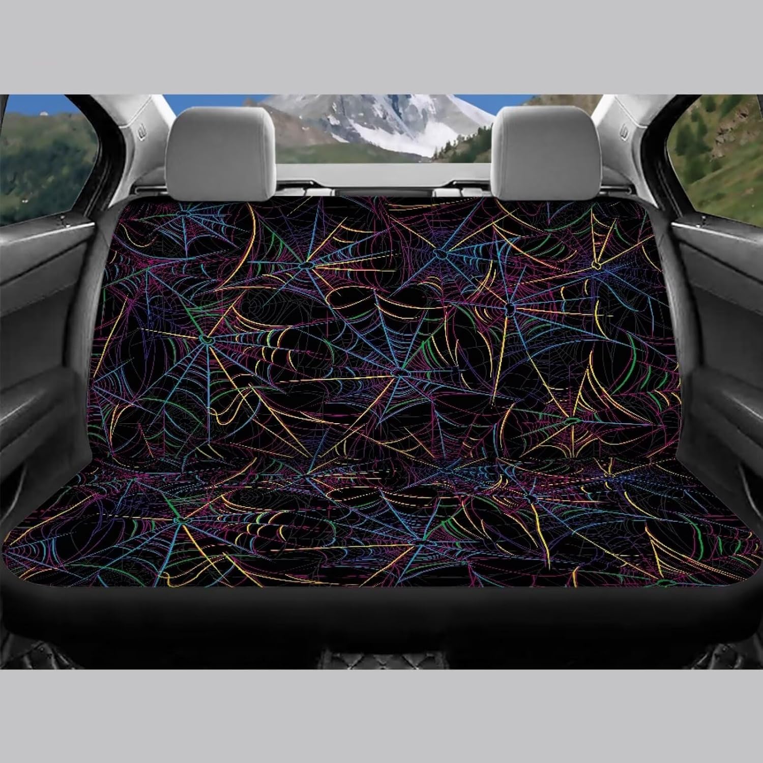 Jeiento Colorful Spider Web Car Seat Covers Full Set Universal Fit Auto Front and Rear Bench Seat Cushion Non-Slip Breathable Auto Seats Protector Anti Scratch Interior Sets for Dog Cat