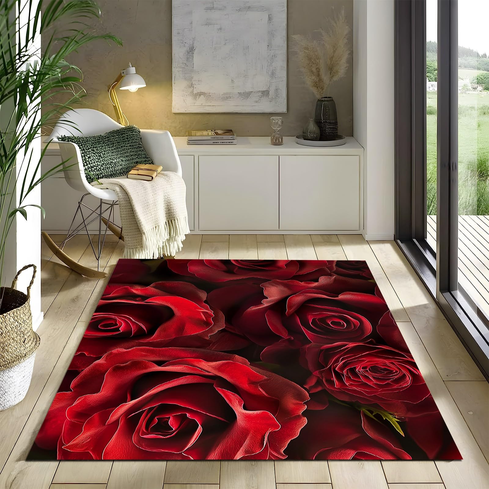 The Carpet nowoczesny dywan z krótkim włosiem do sypialni, jadalni i kuchni, łatwa pielęgnacja, wysoka gęstość runa i przyjemnie miękki, wzór w kwiaty i róże, 180 x 240 cm, czerwony