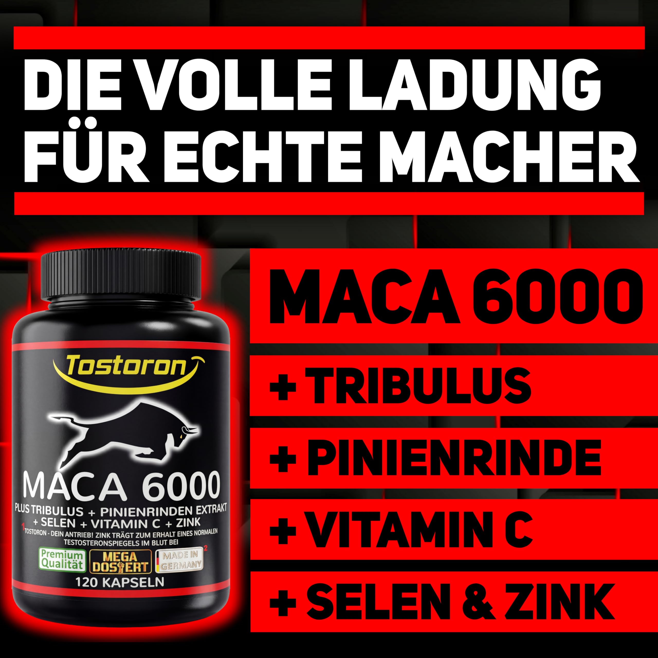 MACA Kapseln extra stark + hochdosiert - 120 Kapseln, Maca Pulver Extrakt, Tribulus terrestris, Pinienrinde, natürliches Vitamin C, Selen, Zink trägt zum Erhalt eines normalen TESTOSTERON SPIEGELS bei