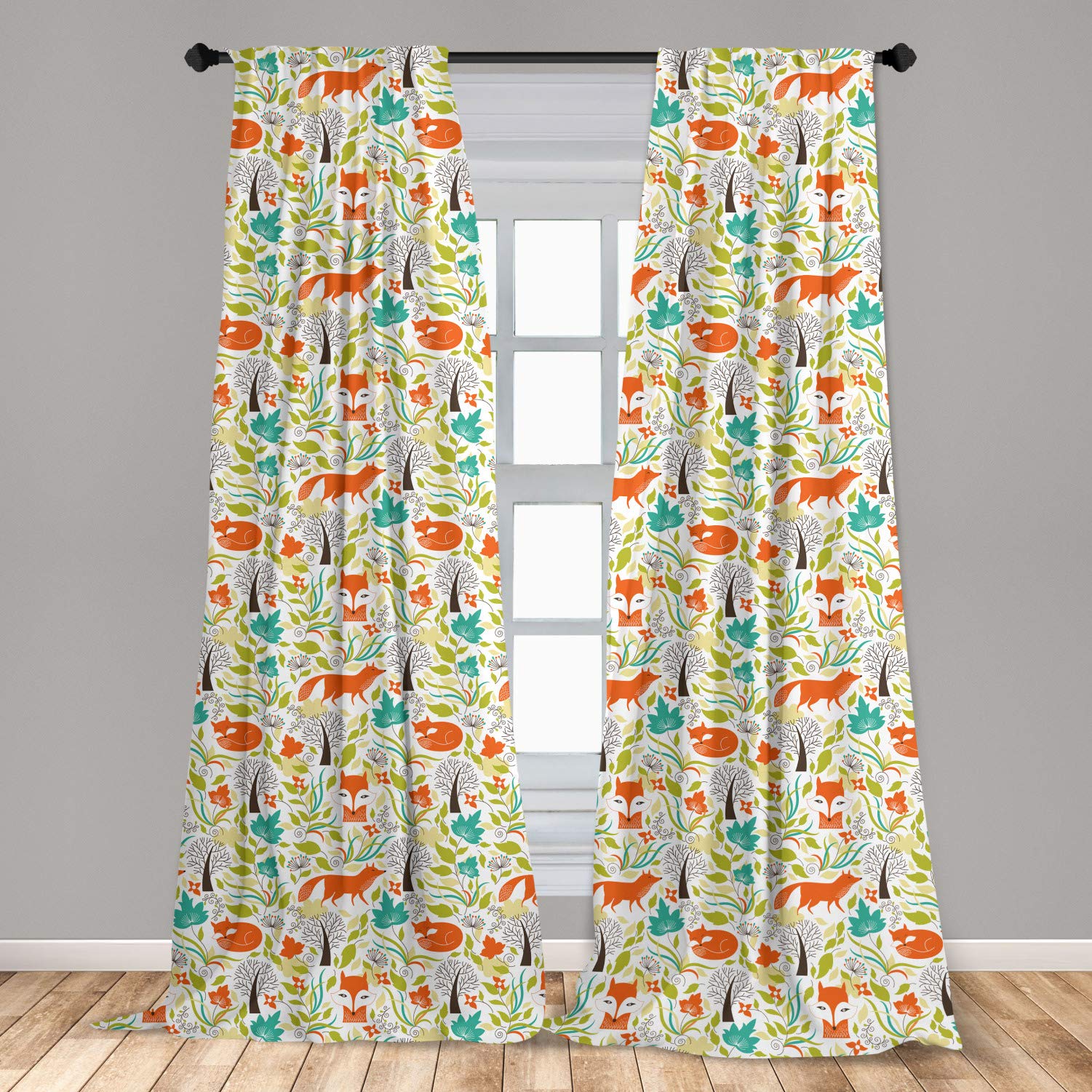 ambesonneCartoon Window Curtains, Wild Fox Wolf with Leaves Flowers and Leafless Trees Print, Lightweight Decorative Panels Set of 2 with Rod Pocket, Pair of - 28" x 63", Orange Green