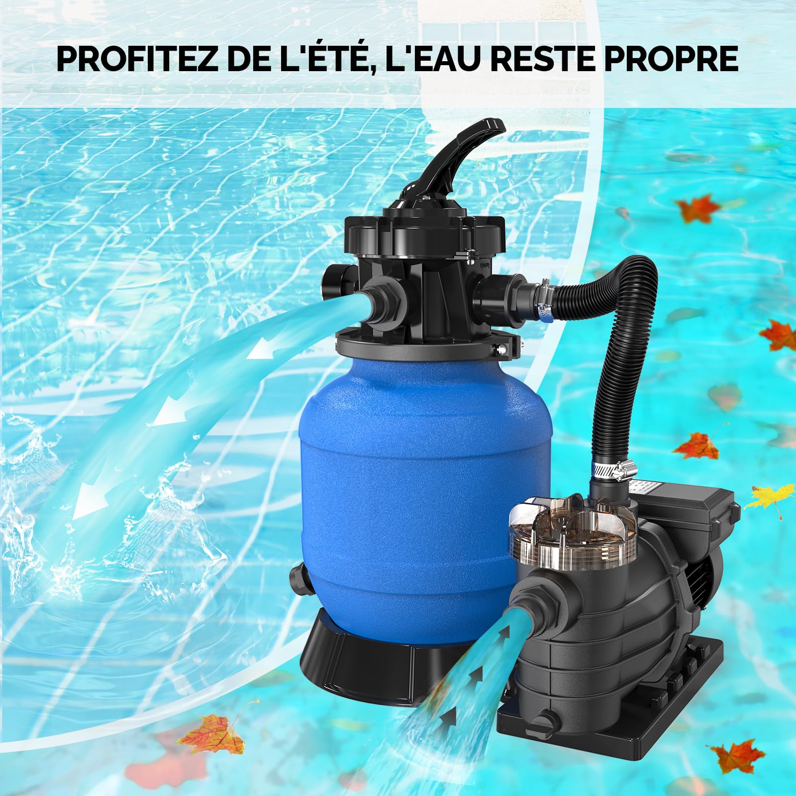 LEADZM Pompe Piscine Filtre à Sable 10 m³/h + 500g Boules de Filtre, Filtre a Sable Piscine avec Vanne 7 Voies, Pour Bassins jusqu’à 37 m³ (Bleu)