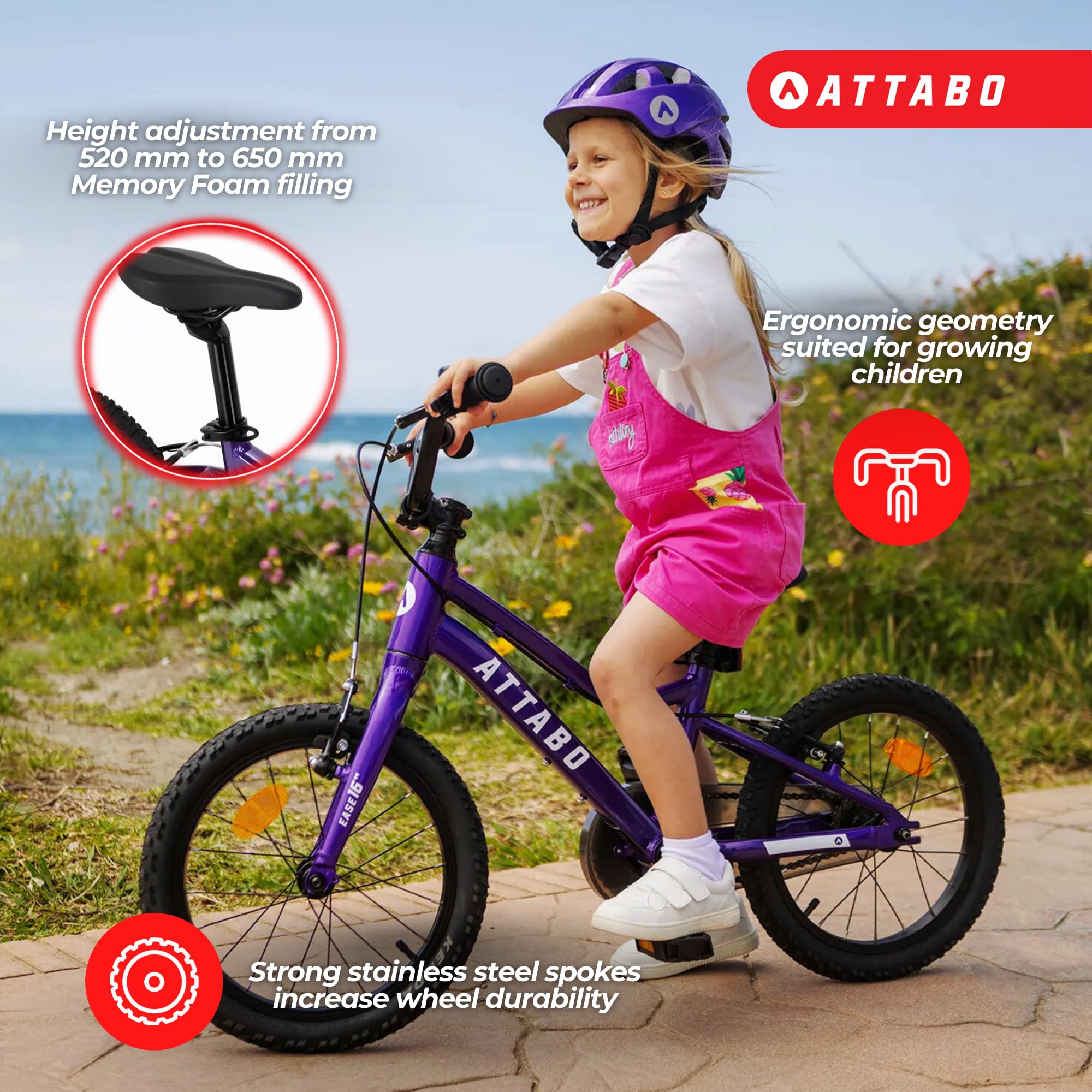 ATTABO Fahrrad Ease 16"" haltbares und ergonomisches Design mit geringem Überhang Ideal für Radfahranfänger Farbe Rot/Blau/Pink/Lila/Silber