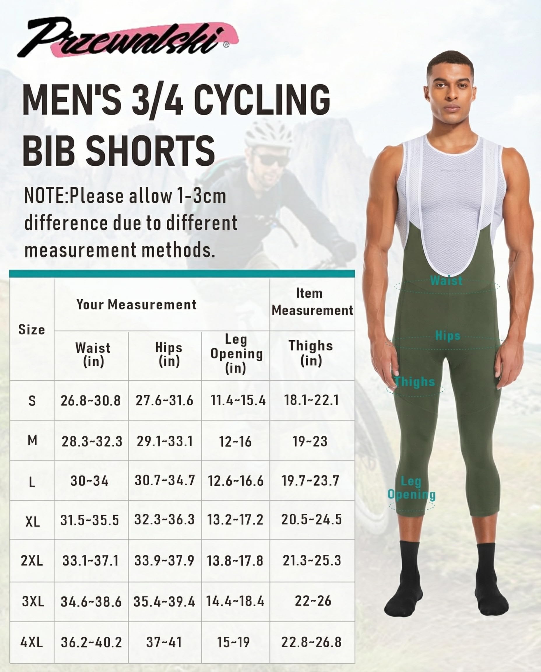 Przewalski Pantalones Cortos de Ciclismo para Hombre, Pantalones de Ciclismo 3/4 Acolchados 4D, Mallas de Ciclismo para Hombre | Transpirable elástico en 4 direcciones, almohadilla 4D en capas, pinzas de silicona para las piernas y detalles de poca luz