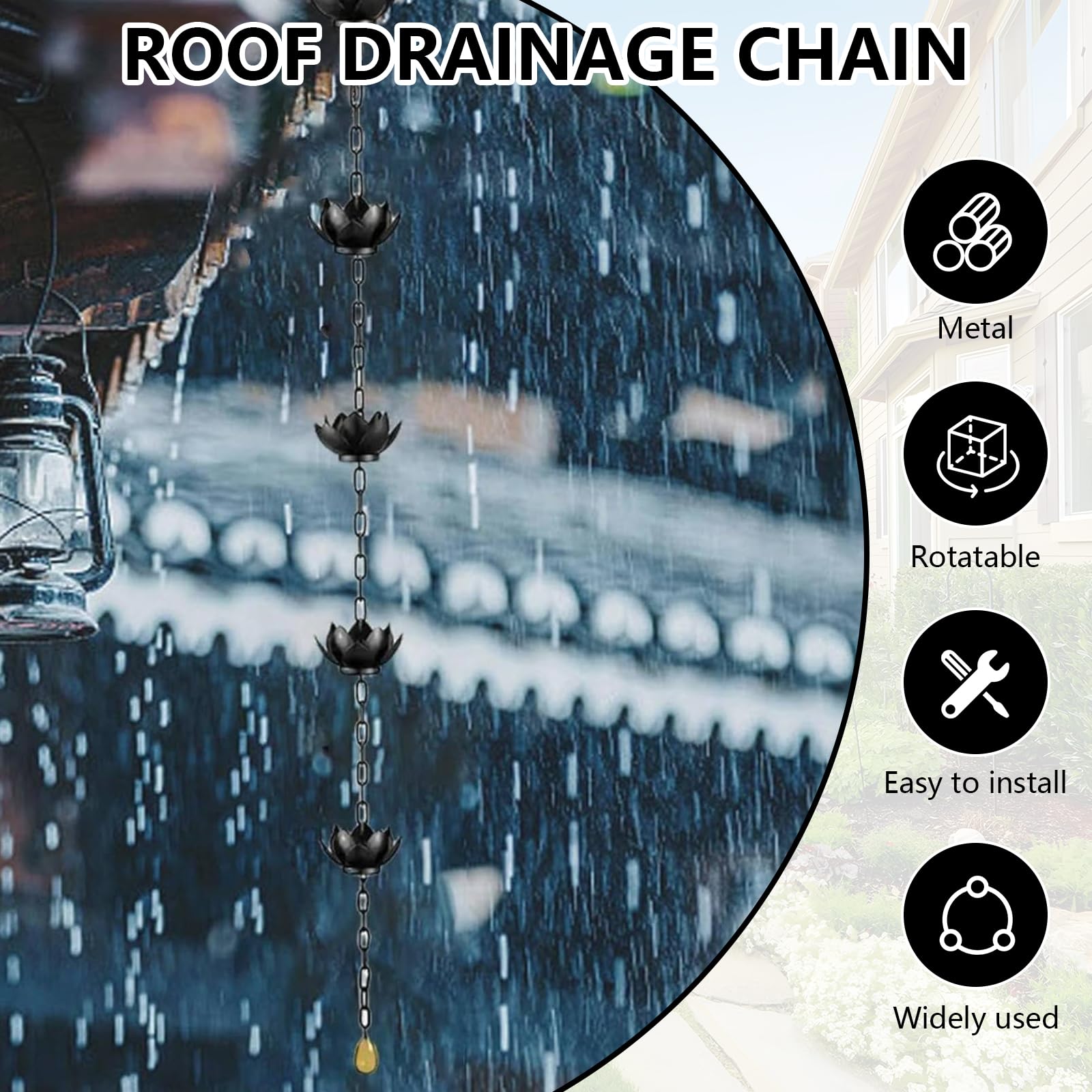 Catena Antipioggia, Catena Nera per Drenaggio dell'Acqua Piovana da 1,2 M A Forma di Loto in Ferro per Decorazioni Esterne per Casa E Giardino Efficiente Drenaggio dell'Acqua Piovana