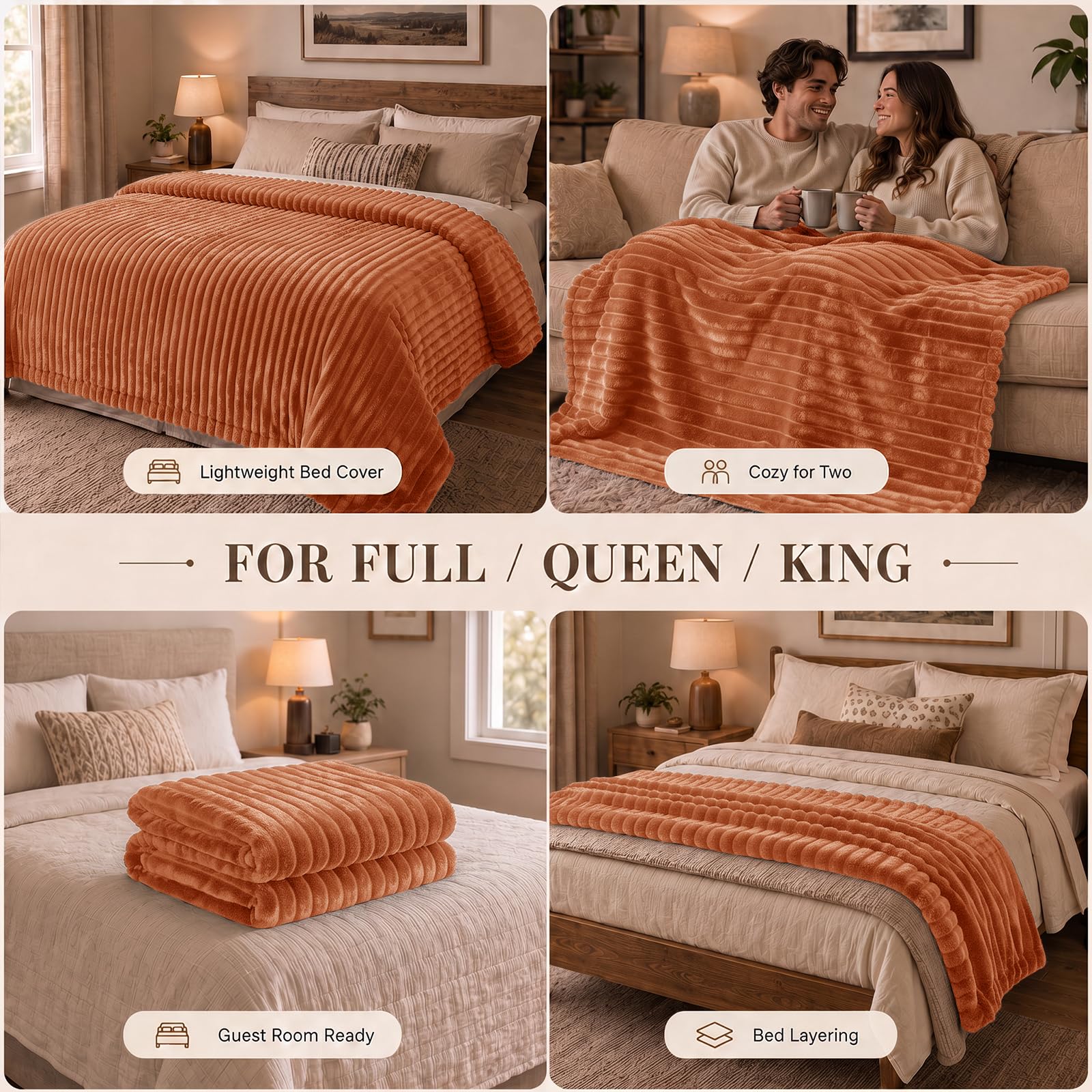 HIMEET Burnt Orange Full Blanket for Bed, 300GSM Ribbed Fleece, 84 x 90 in view 4