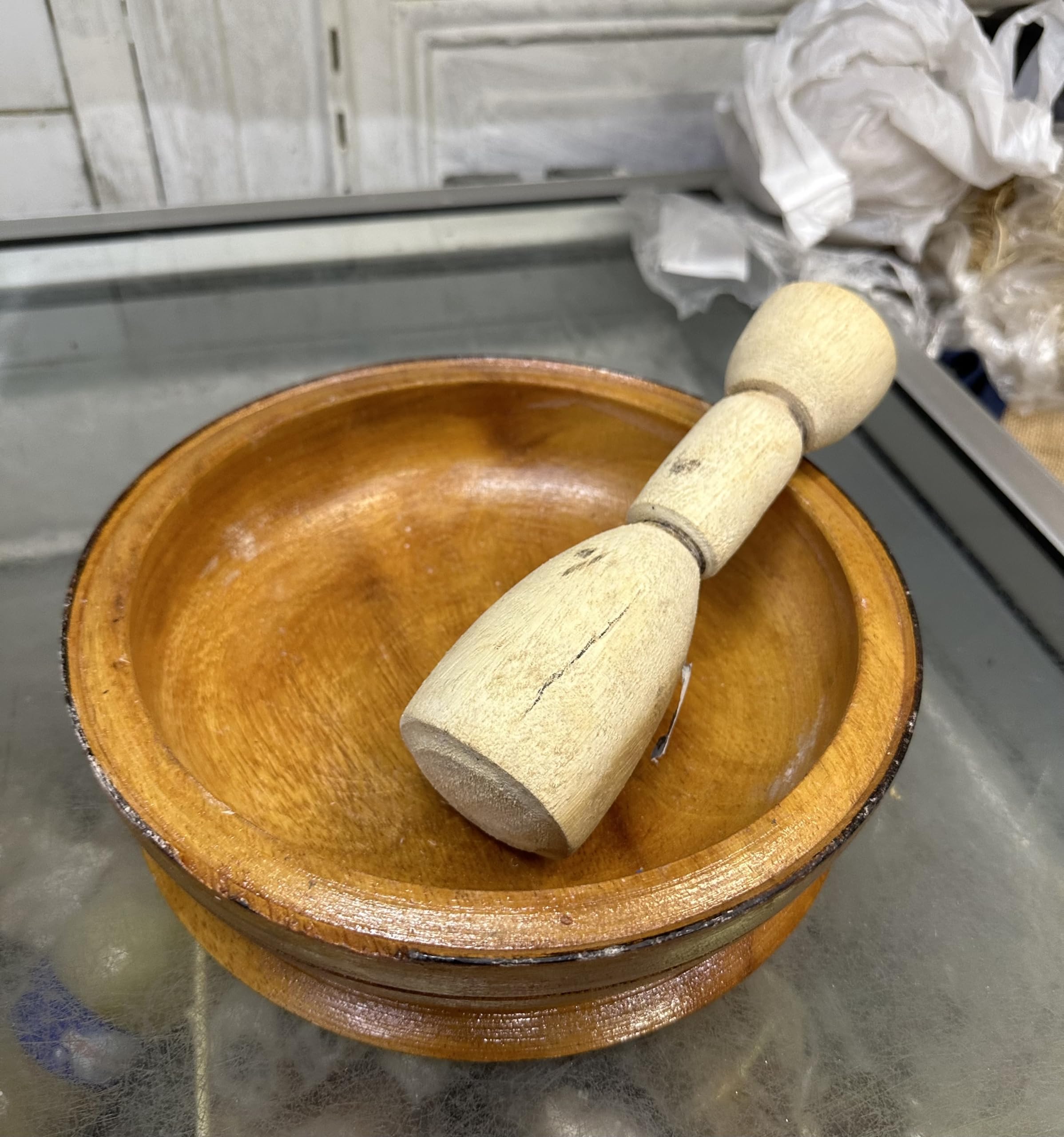Très Grand Mortier Et Pilon En Bois - 32 Cm (haut) / Pilon 51 Cm - Vintage