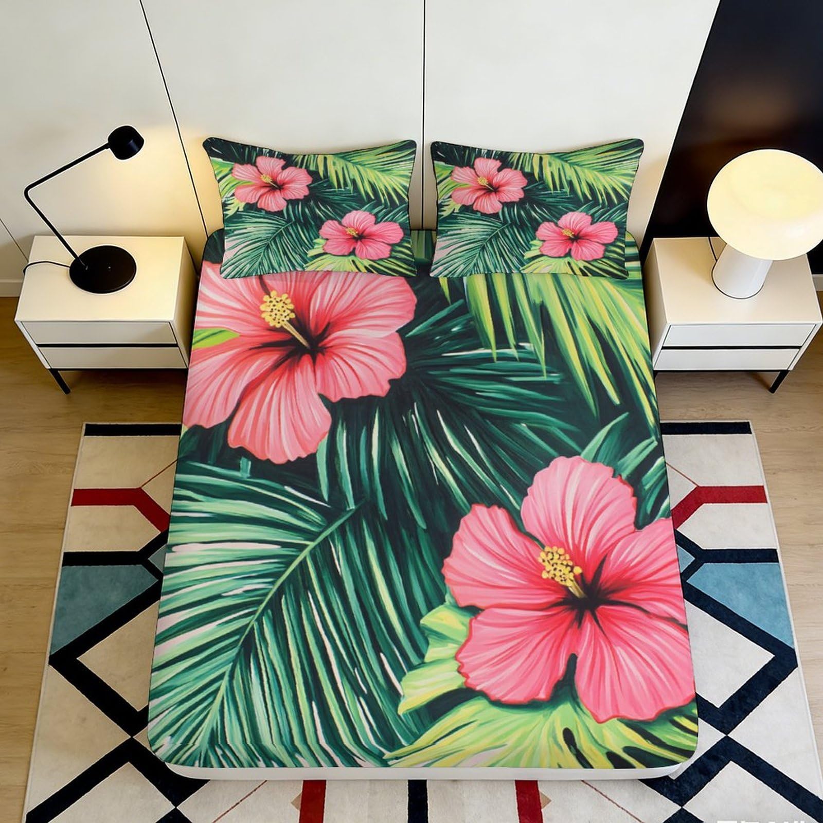 3D Printed Tropical Hibiscus Fitted Sheet Microfiber Soft Breathable Palm Leaf Bed Cover for Bedroom Guest Room Decor 90x200x25cm