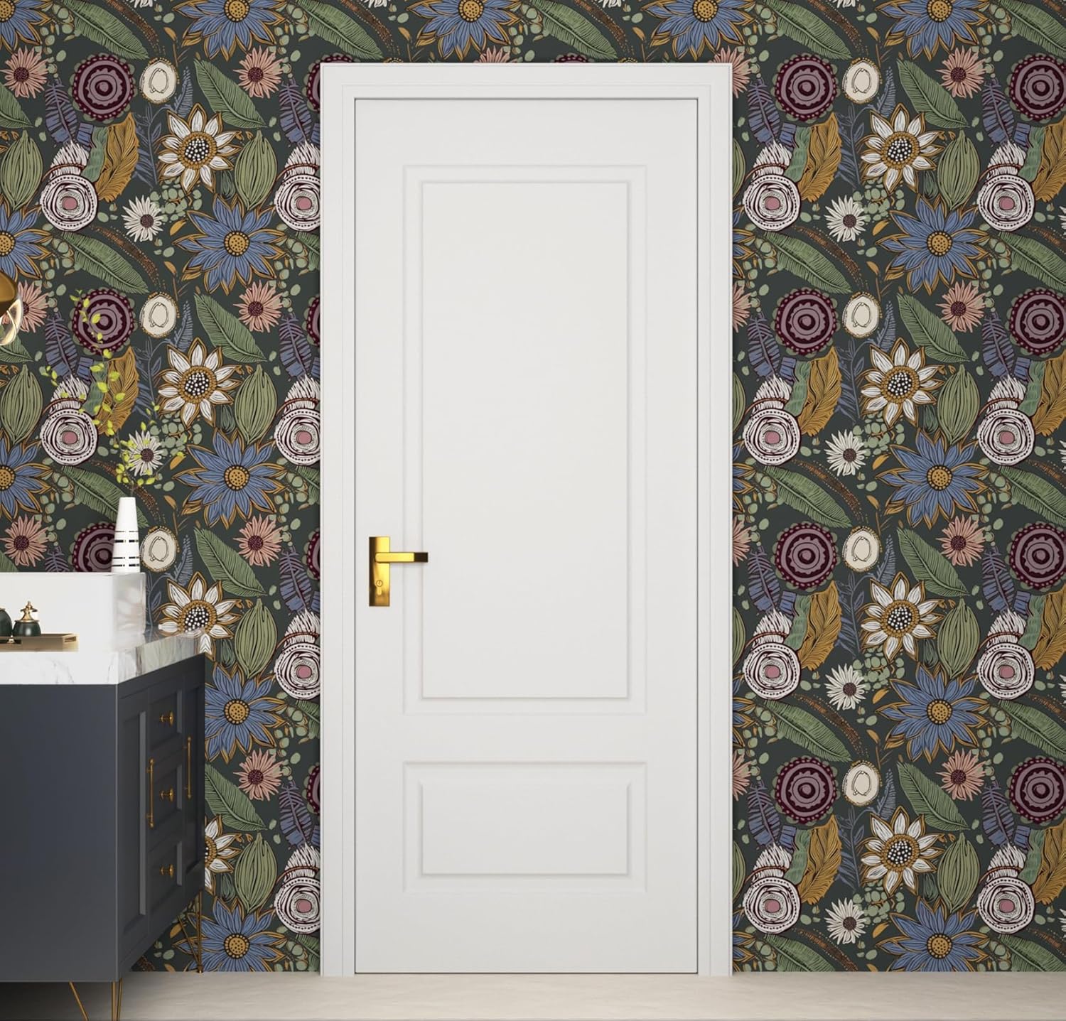 Boho Wallpaper Peel and Stick, Vintage Green Yellow Floral Contact Paper 17.5" x 393", Antique Flowers Retro Bohemia Wall Paper Self Adhesive Removable Waterproof for Walls Shelves Cabinet Table