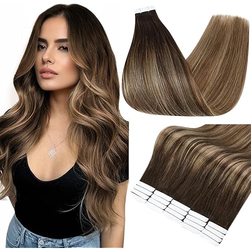 Full Shine Tape in Hair Extensions Human Hair Remy Hair 18 Inch Tape Extensions Color 2 Fading to 3 and 27 Caramel Blonde Balayage 50g Human Hair Extensions Tape Ins 20 PCS for Party