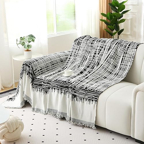 Miniatura 4 de MERRYLIFE Funda de felpilla bohemia para sofá con borlas, antideslizante, bohemia, suave, lavable, protector de muebles de mascotas (rayas negras,