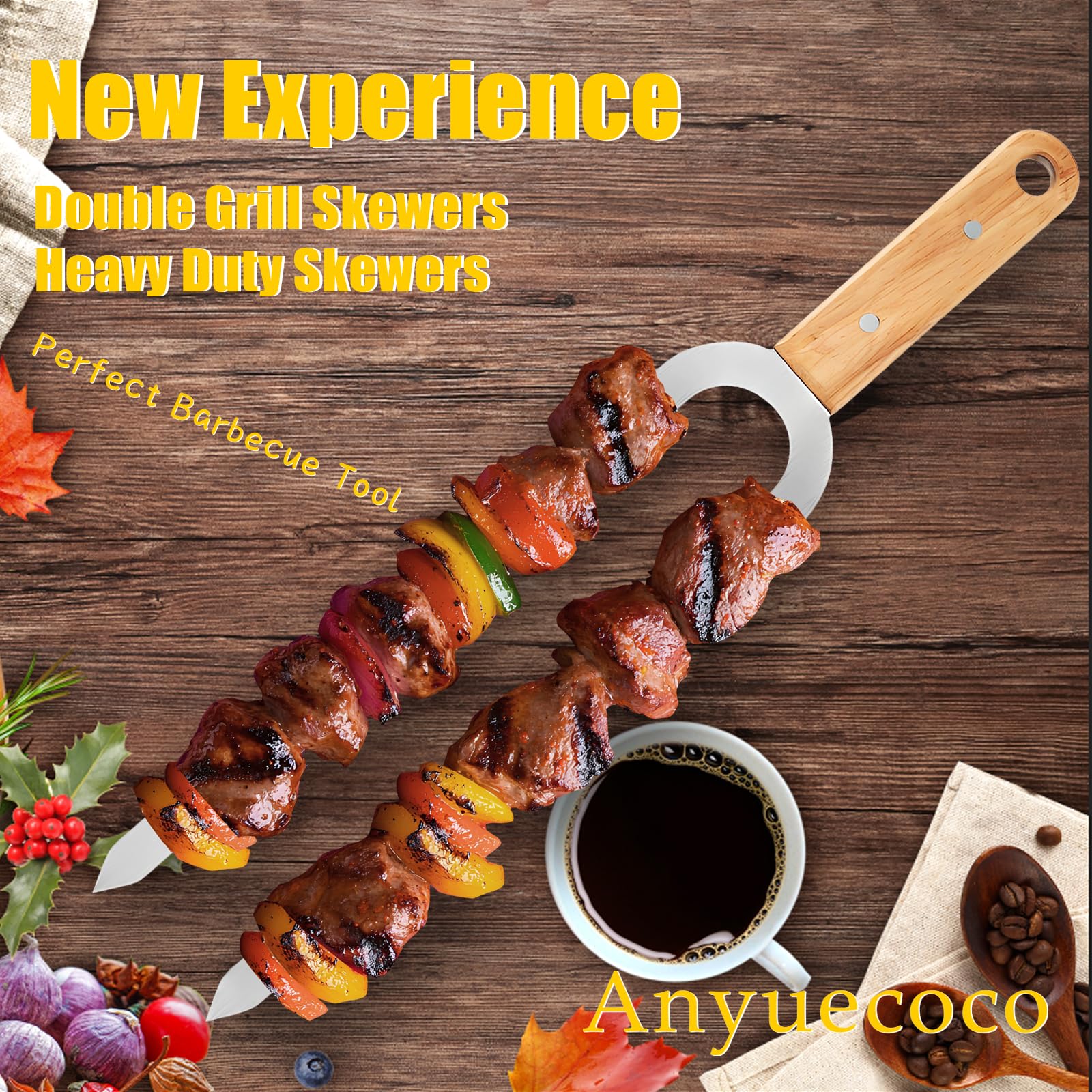 Anyuecoco Skewers for Grilling,2 PCS - 17 Inch Double Pronged Kabob Skewers With Wooden Handles,Heavy Duty Stainless Steel Skewer, Flat Skewer,For Grilling Meat, Vegetables, and Outdoor Cooking