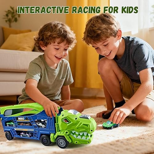 Miniatura 4 de Camión de dinosaurio de juguete para niños de 3 a 5 años  Camión transportador con 6 autos fundidos a presión, camión 3 en 1 con 2 pistas de