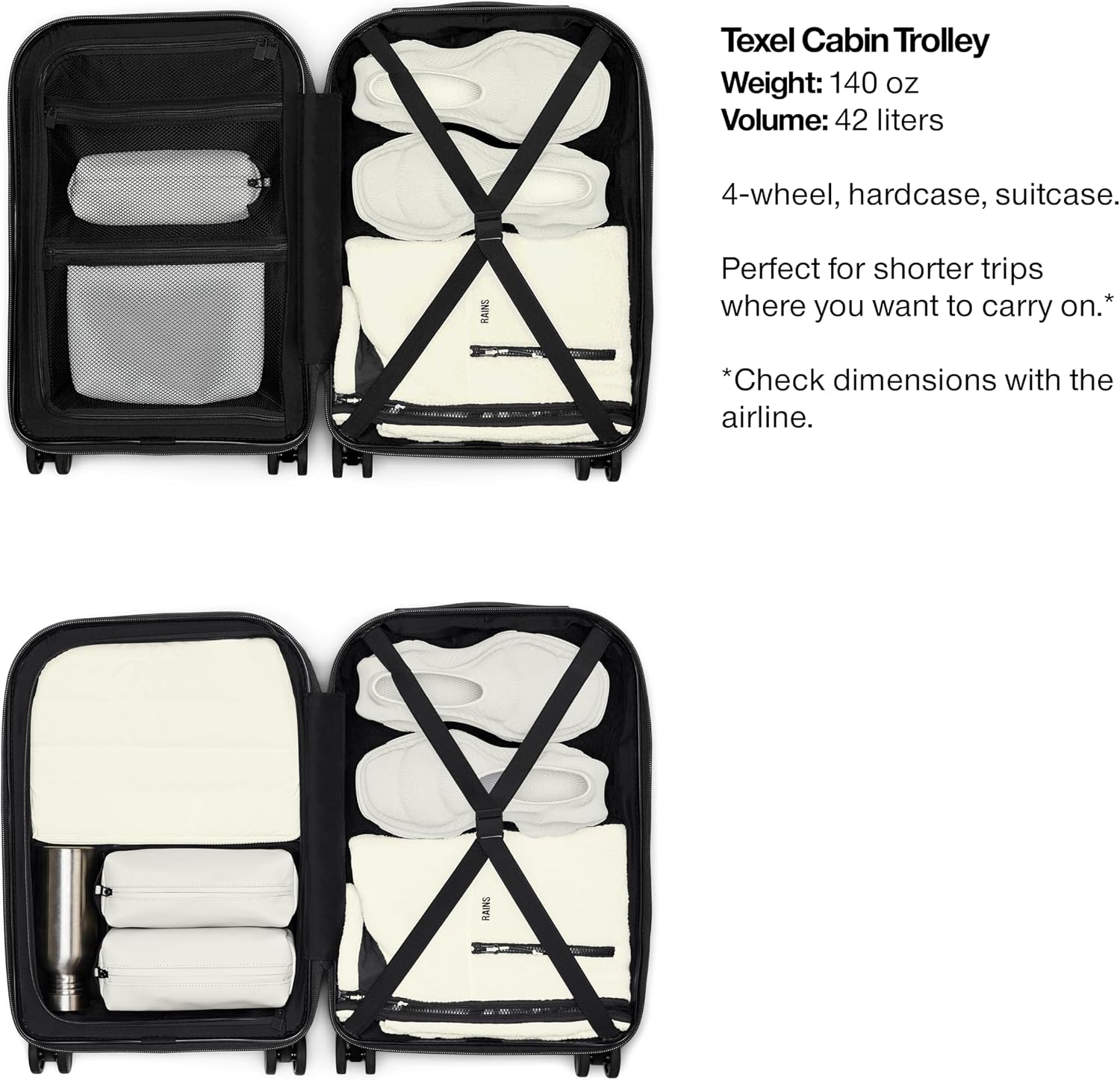 RAINS Texel Cabin Trolley, Carry On Suitcase with Spinner Wheels - Waterproof 2 Year Warranty - Lightweight, Durable Travel Luggage