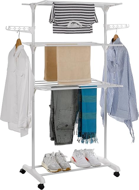 Finnhomy 3 Tier Clothes Airer, Foldable Clothes Horse with 2 Wings, Rolling Clothes Drying Rack with Wheels for Indoor & Outdoor Use, White