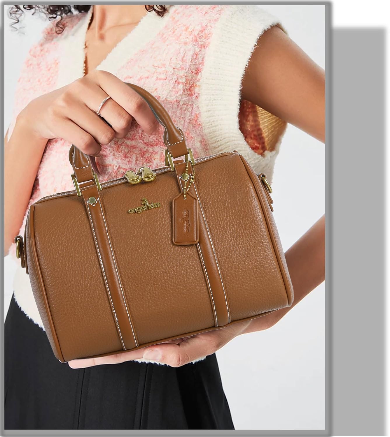 Angel Kiss Women Satchel Purses and Handbags Vegan Leather Boston Barrel Bag Top Handle Shoulder Purse with Crossbody Strap | Vegan Leather, Top Handle, Crossbody Strap - Image 2