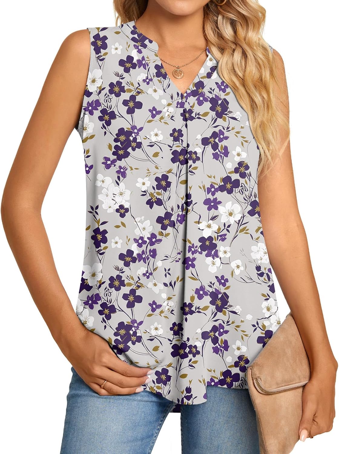 Anyhold Women's Chiffon Tank Tops Sleeveless V Neck Blouse Dressy Casual Tops Office Work Shirts