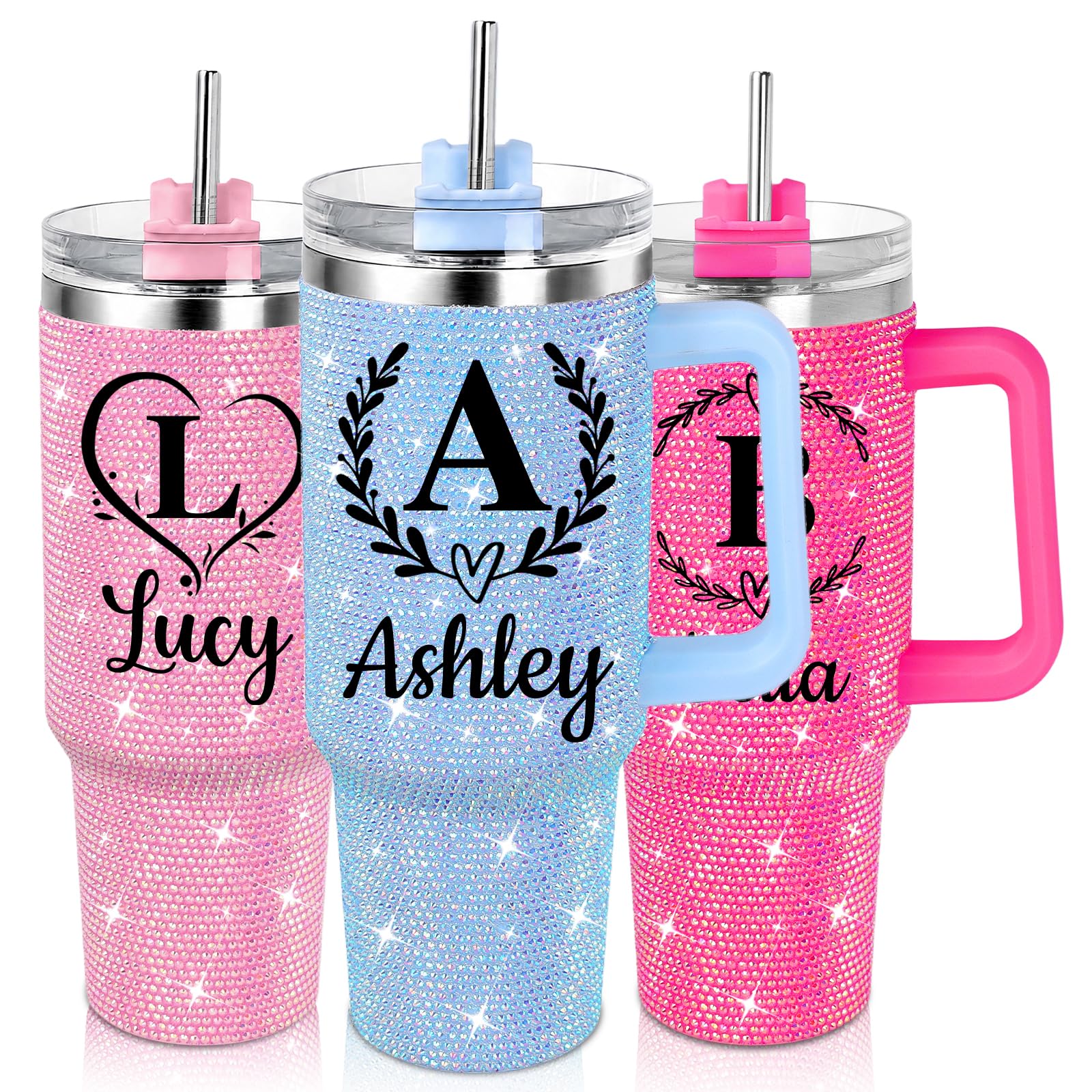 Personalized Rhinestone Bling 40 Oz Tumbler with Handle for Women